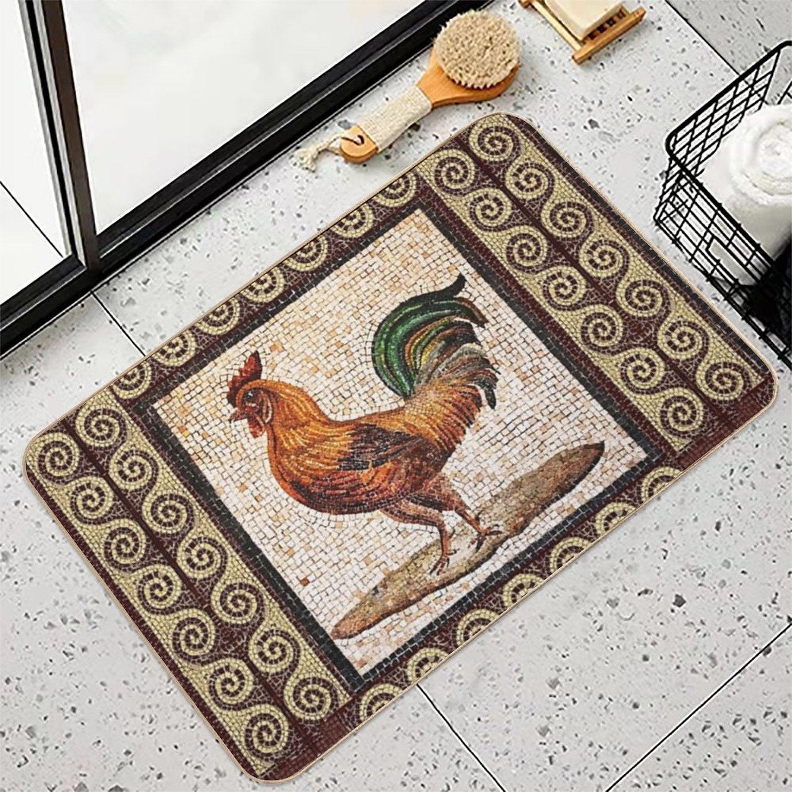 ANTIQUE ROMAN MOSAICS , ROOSTER  Easy Maintenance Bath Mat