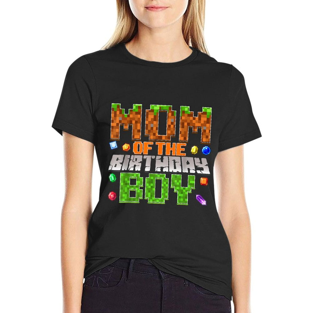 Mom Of The Birthday Boy Bday Party Video Gamer Pixel Number  Cotton T-Shirt