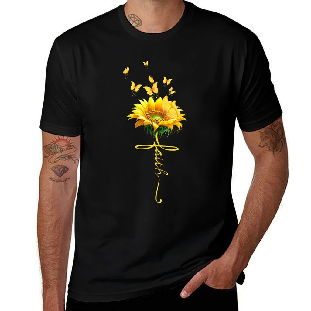 Faith Cross Sunflower Butterflies Flowers Christians  Easy-care T-Shirt