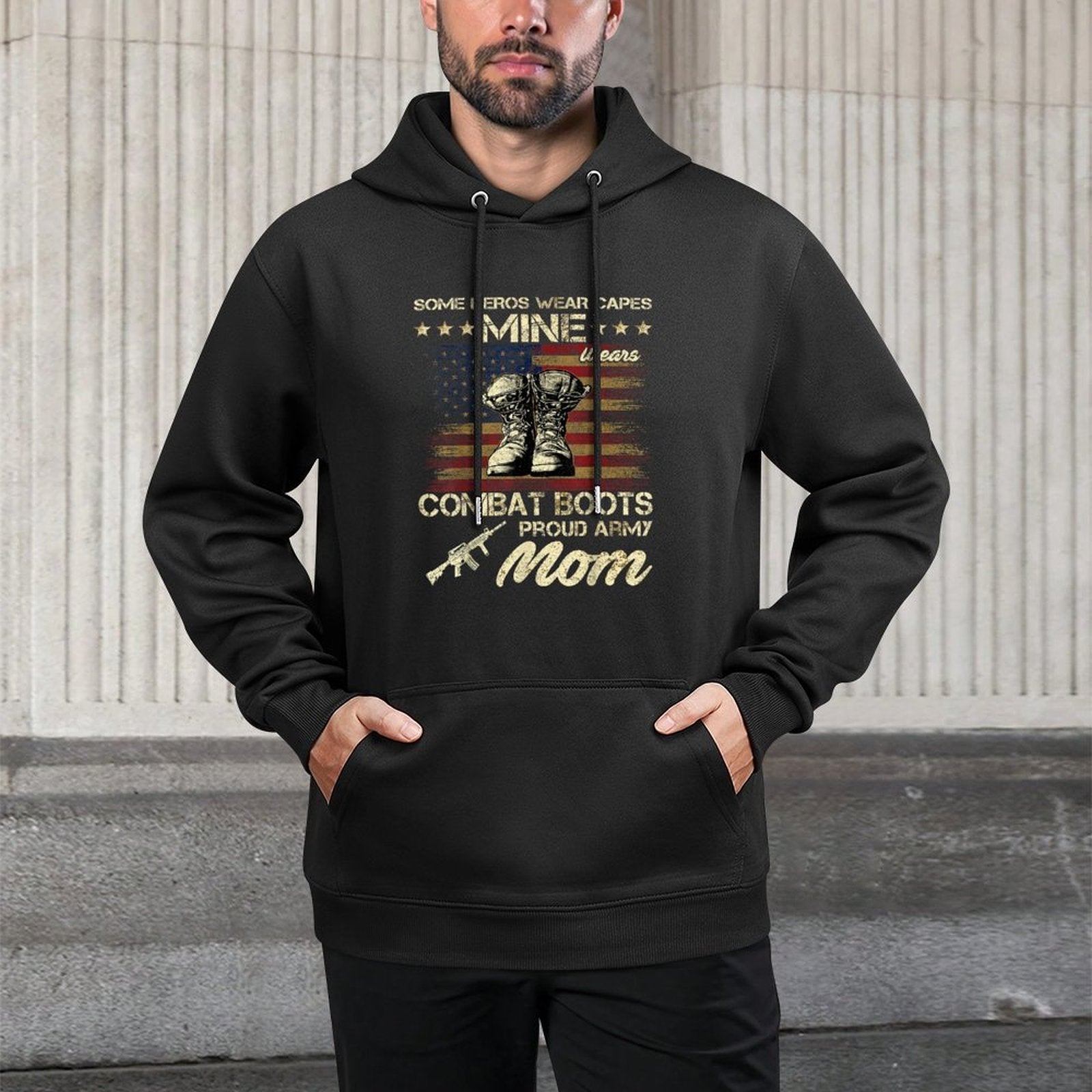 Some Heros Wear Capes Mine Wears Combat Boots Army Mom Machine Washable Hoodie