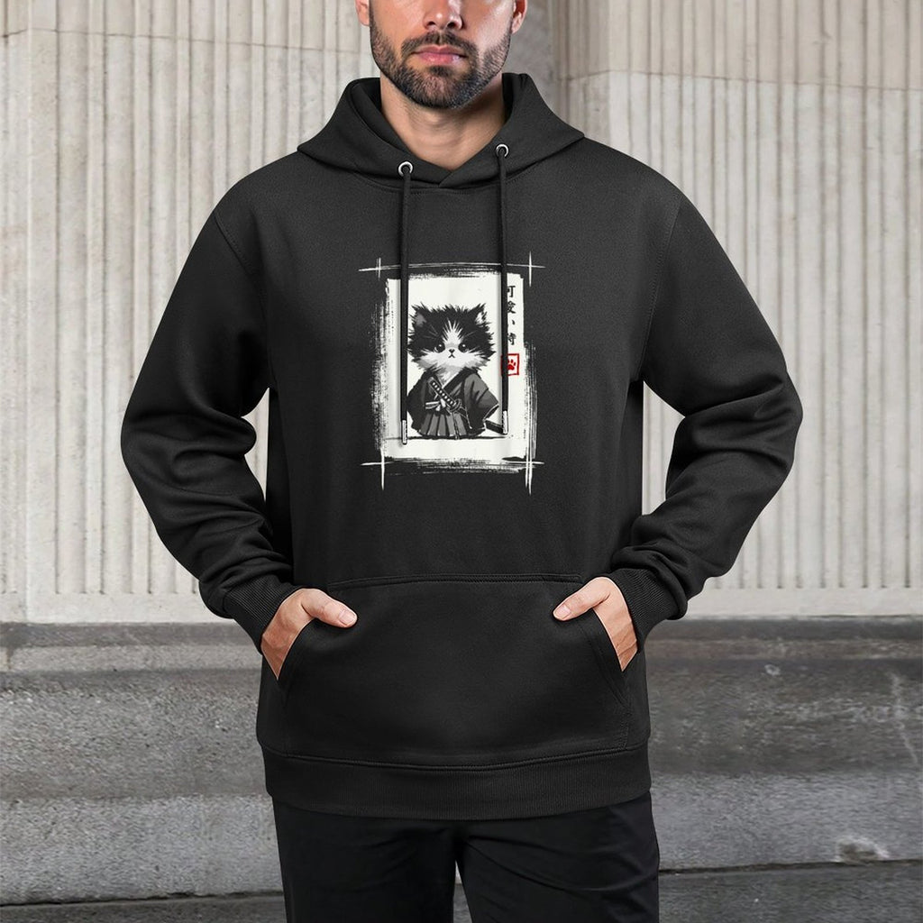 Samurai Cat Japanese Art Sumi-e Novelty Kawaii Funny Cat Layering Staple Hoodie