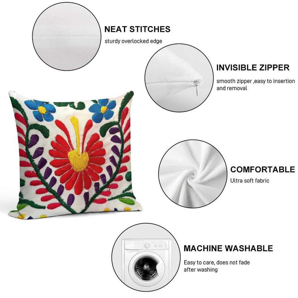 Mexican Flowers Soft Reinforced Edging Throw Pillow