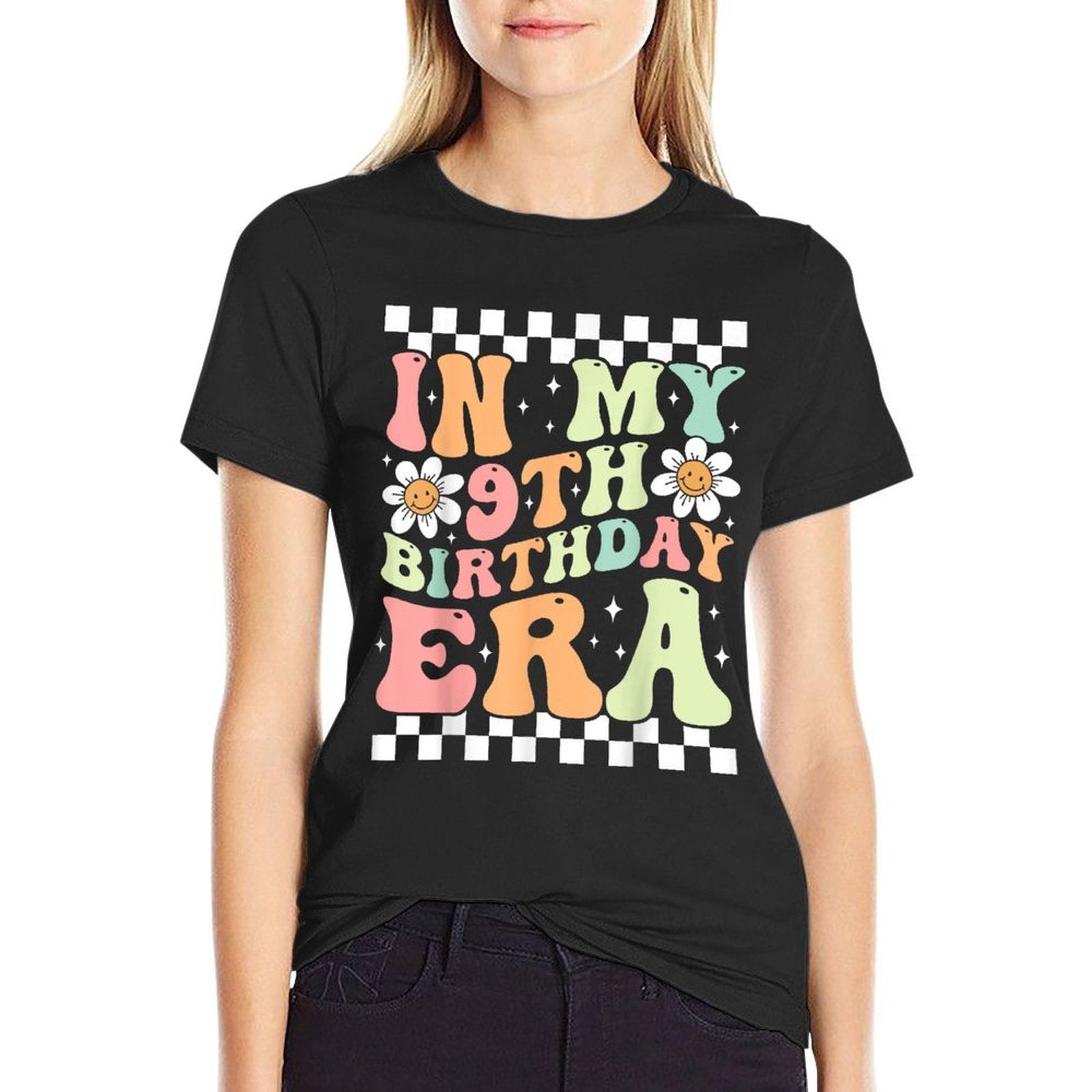 In My 9th Birthday Era Cute Daisy Groovy 9th Birthday Party  Ribbed Collar T-Shirt