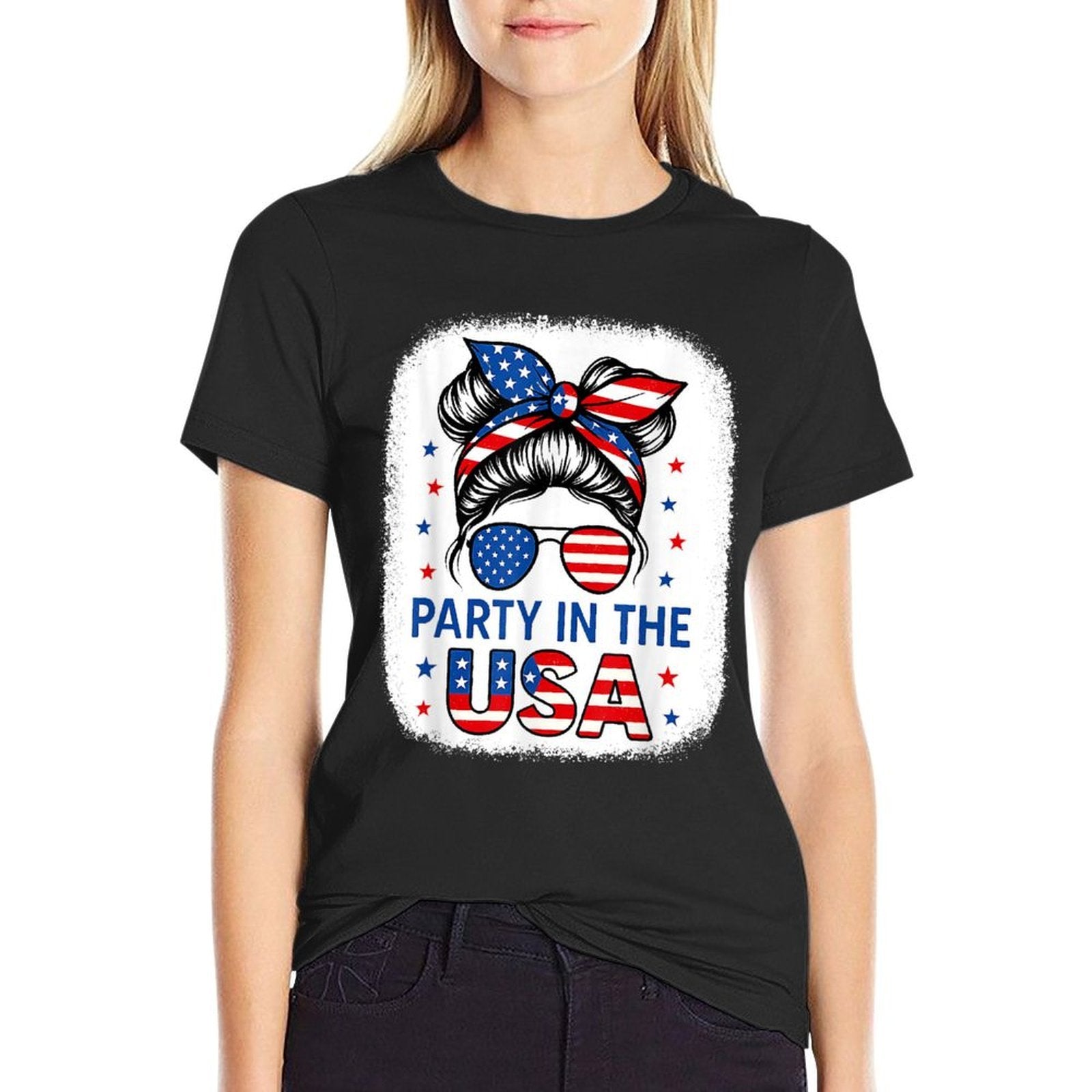 Party In USA Girls 4th of July Daughter Messy Bun USA  Breathable T-Shirt