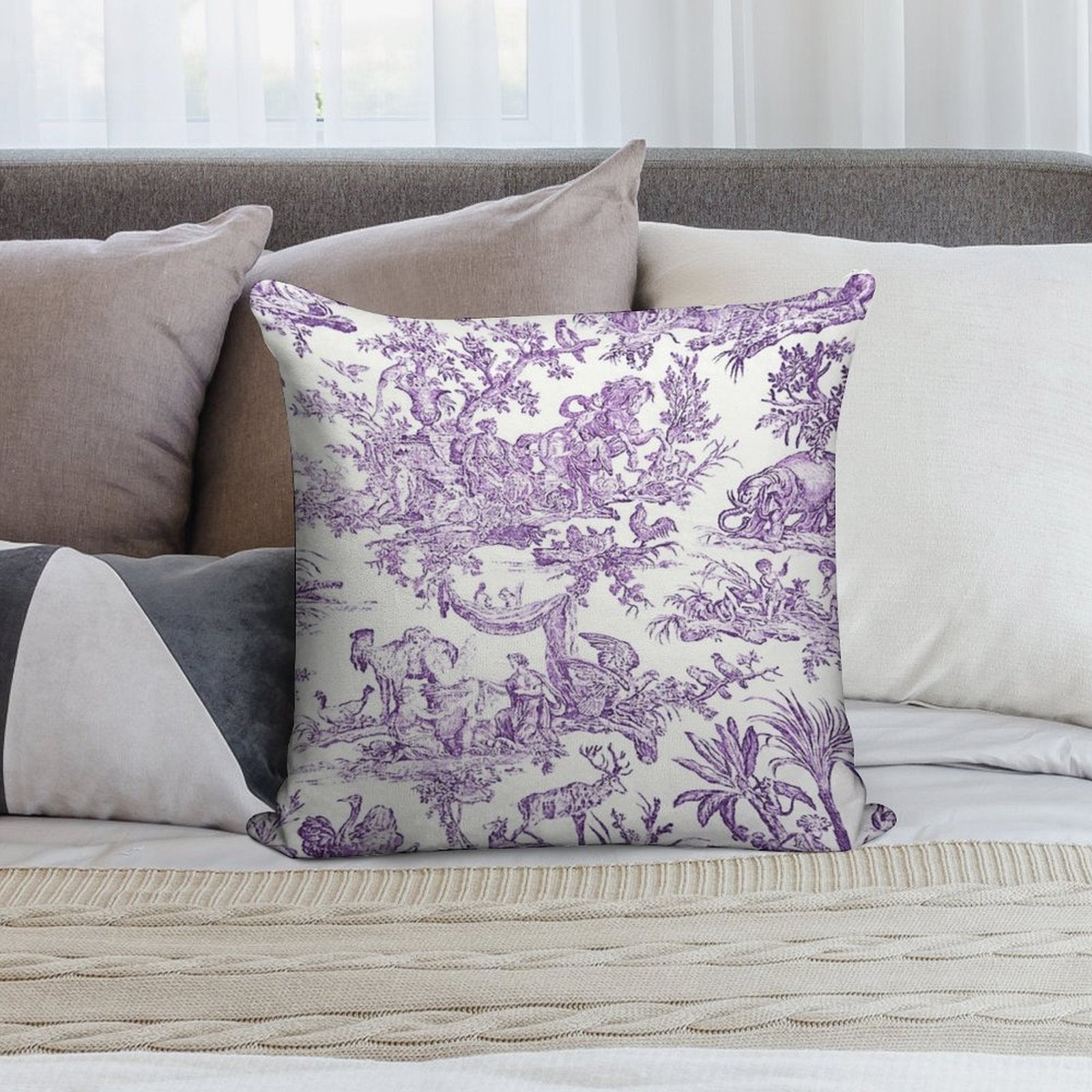 Purple Toile - French Countryside - English Soft Short Plush Fabric Throw Pillow