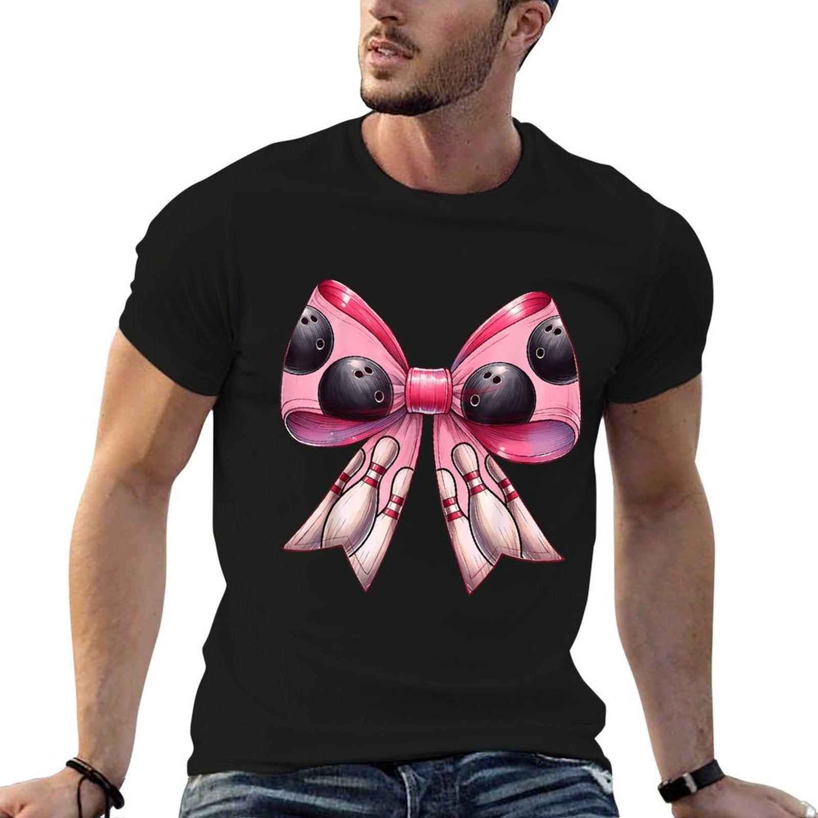 Coquette Bow Bowling Ball Pins Pattern Bowler Pink Mom Girl  Rolled Sleeves T-Shirt