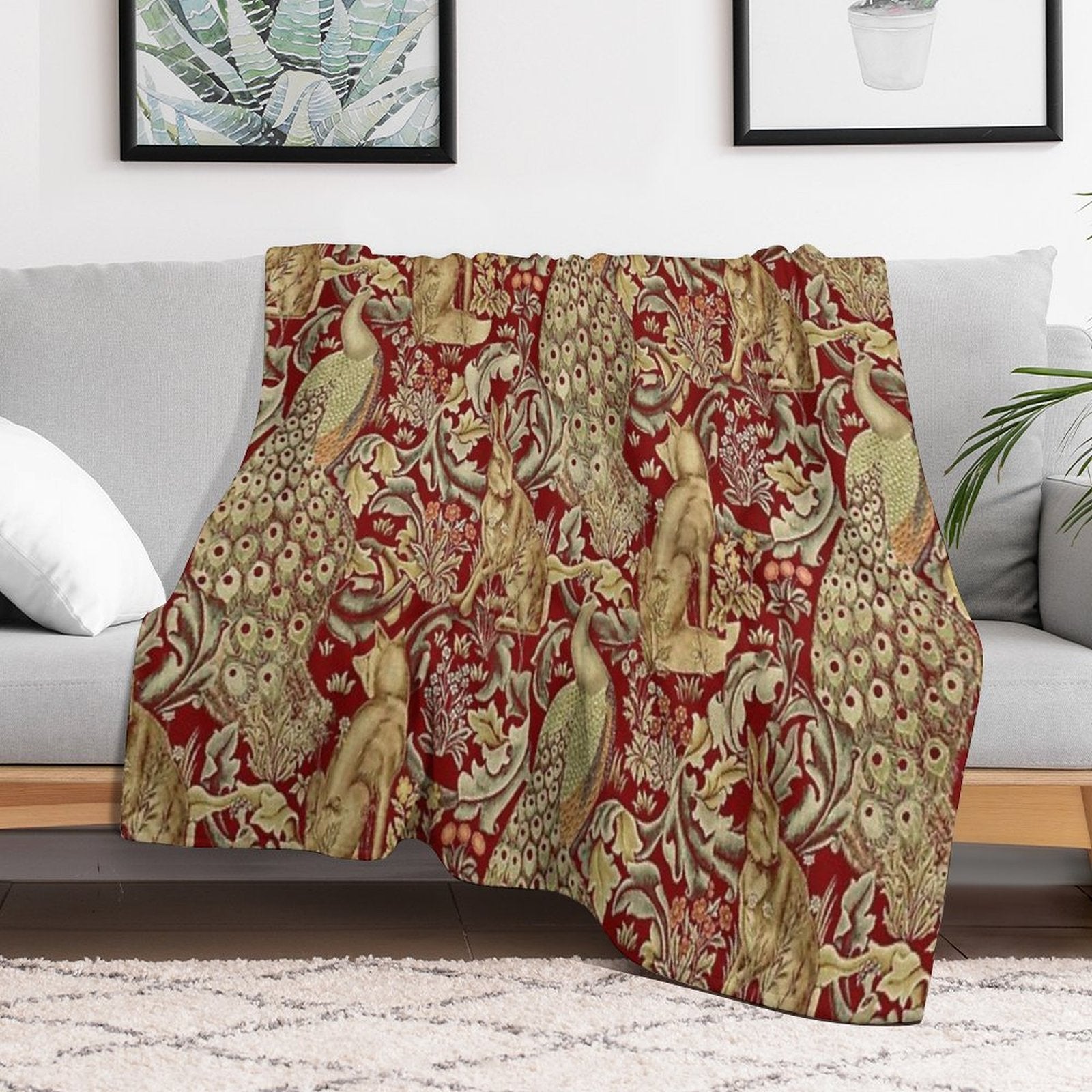 FOREST ANIMALS,PEACOCKS,FOX AND HARE IN RED LEAVES FLORAL PATTERN Machine-washable Throw Blanket