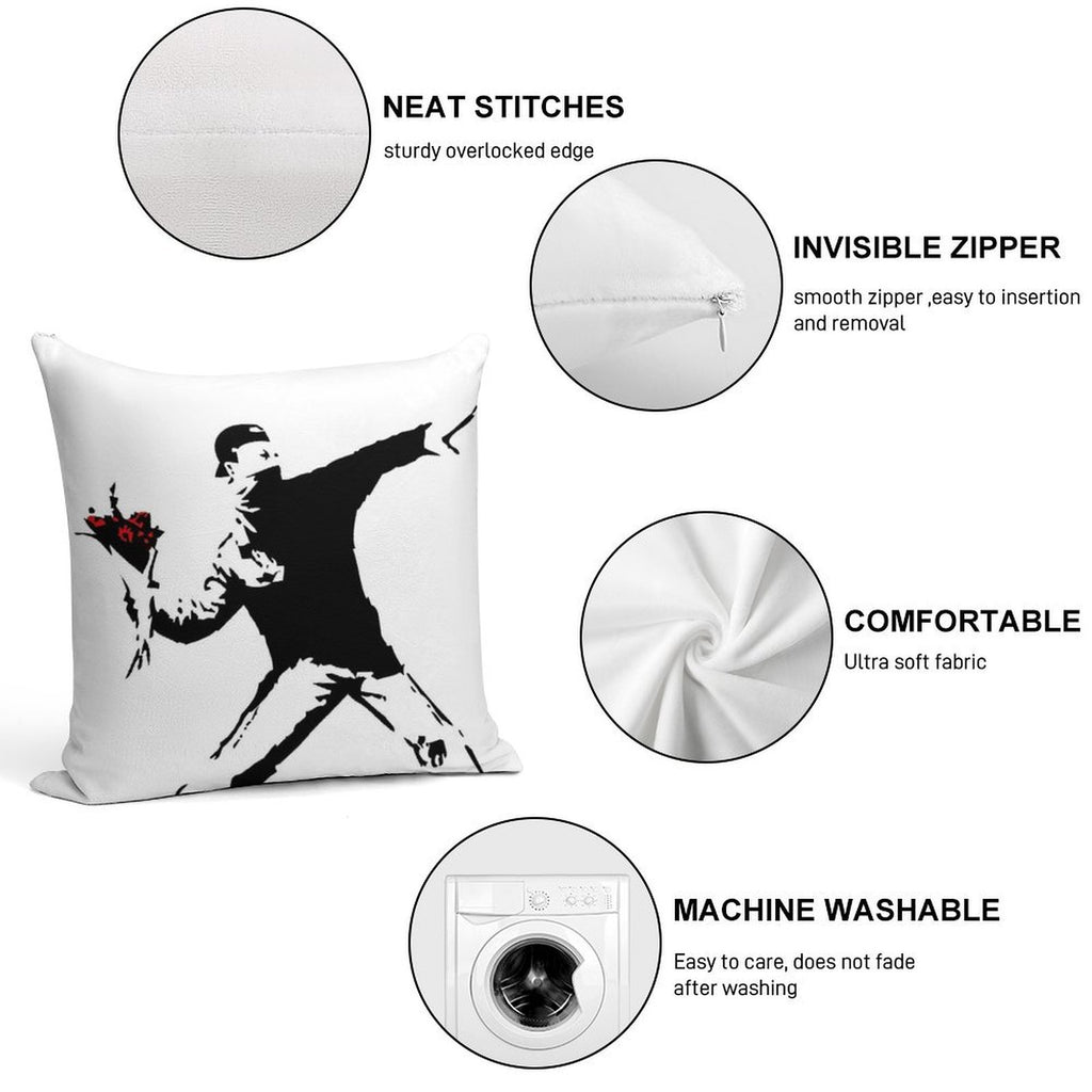 Banksy Flower Thrower! Soft High-Density Material Throw Pillow