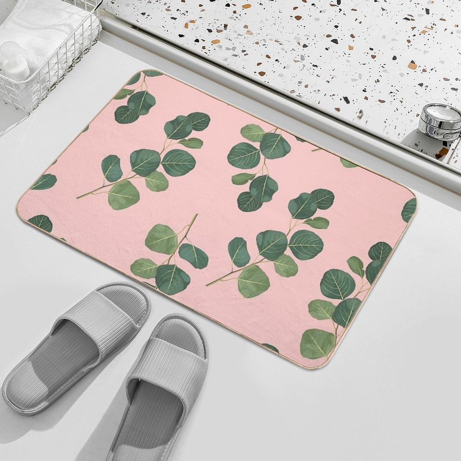 Floral Abstract Seamless Pattern with Eucalyptus Branches.  Repositionable Bath Mat