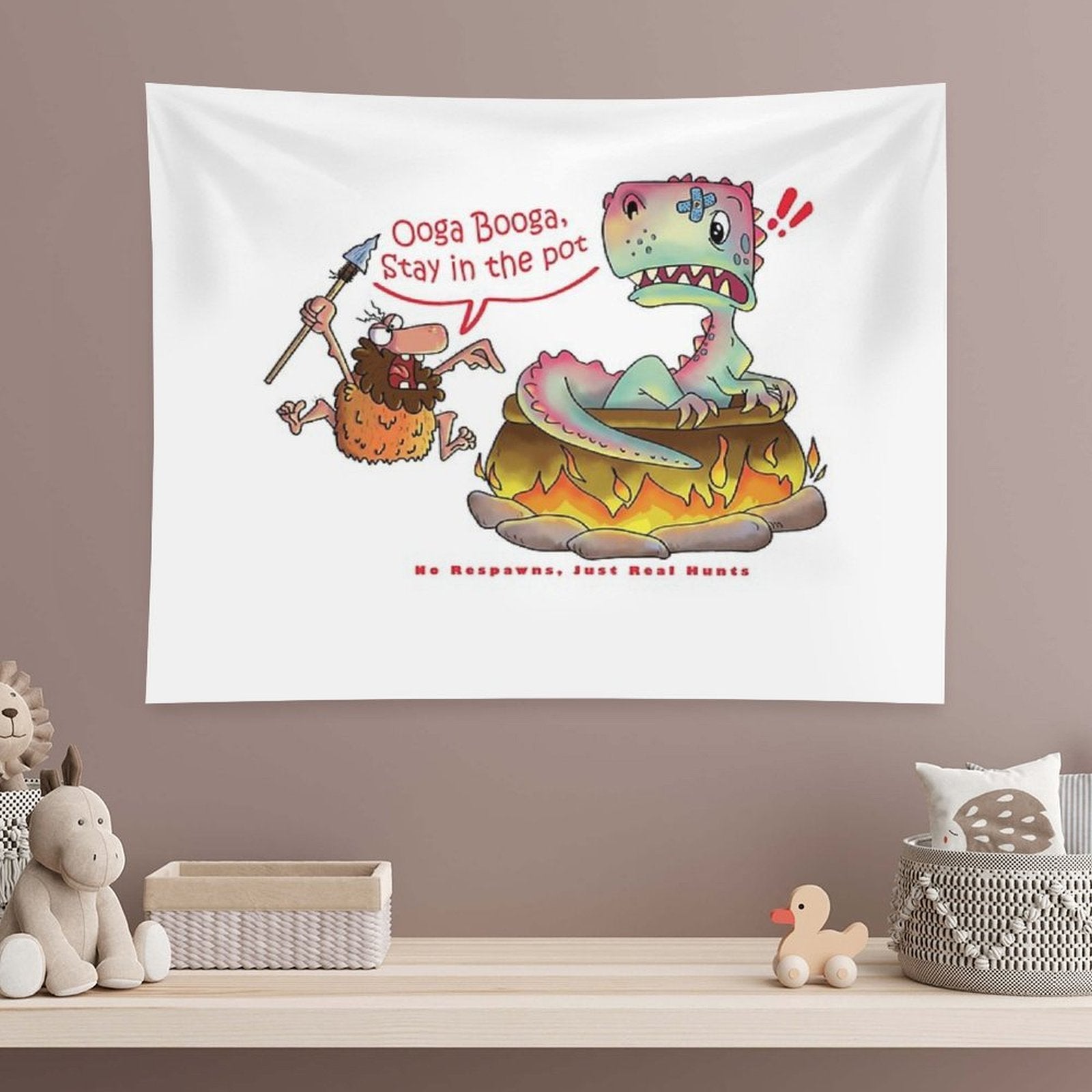 Funny Caveman Dino T-shirt - Ooga Booga Hunter Tee Tapestry