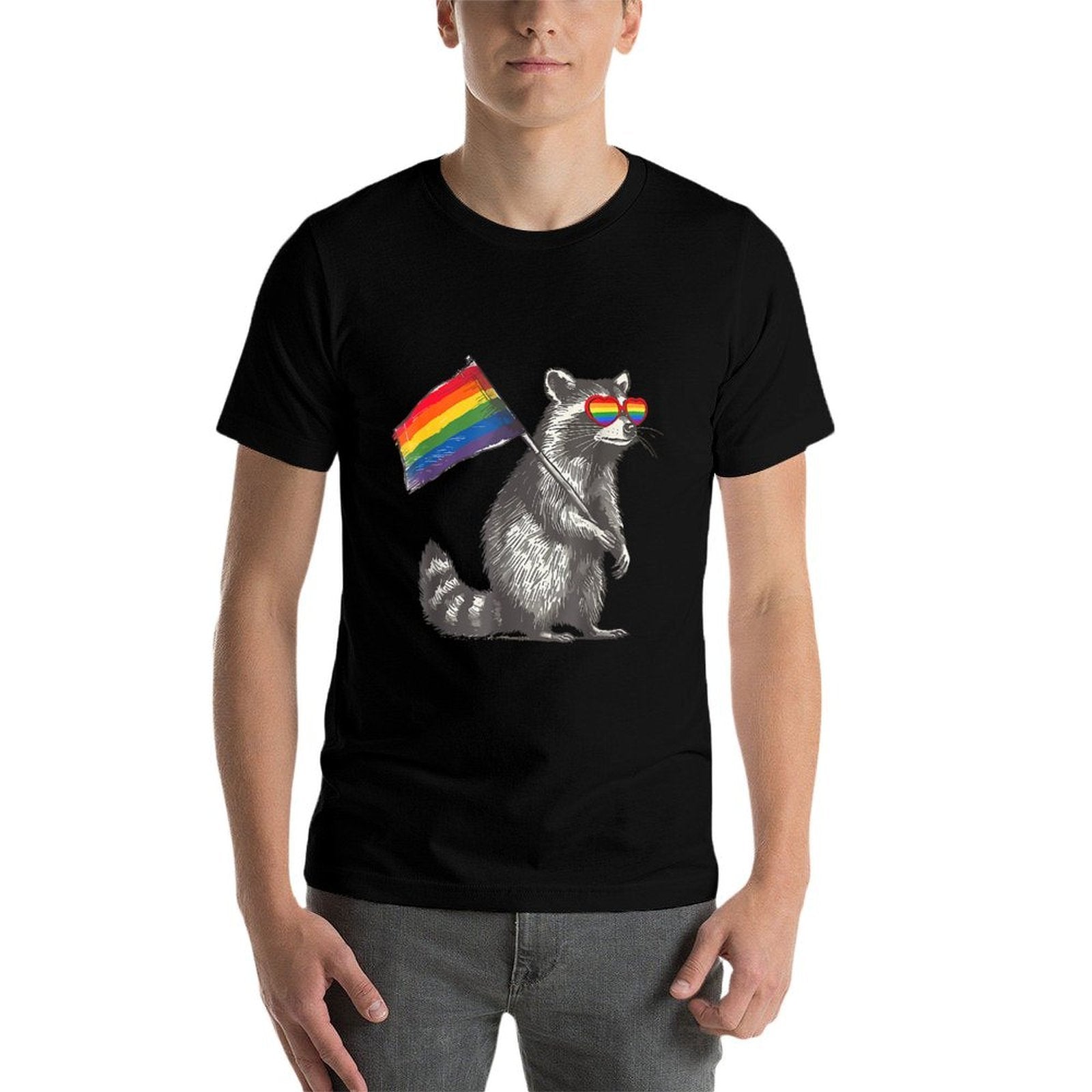 Raccoon LGBT Sunglasses Rainbow Gay Pride Month  Wrinkle-resistant T-Shirt