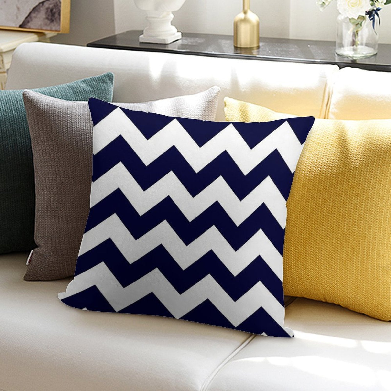 Navy Blue And White Chevron Stripes Soft Home Decor Throw Pillow