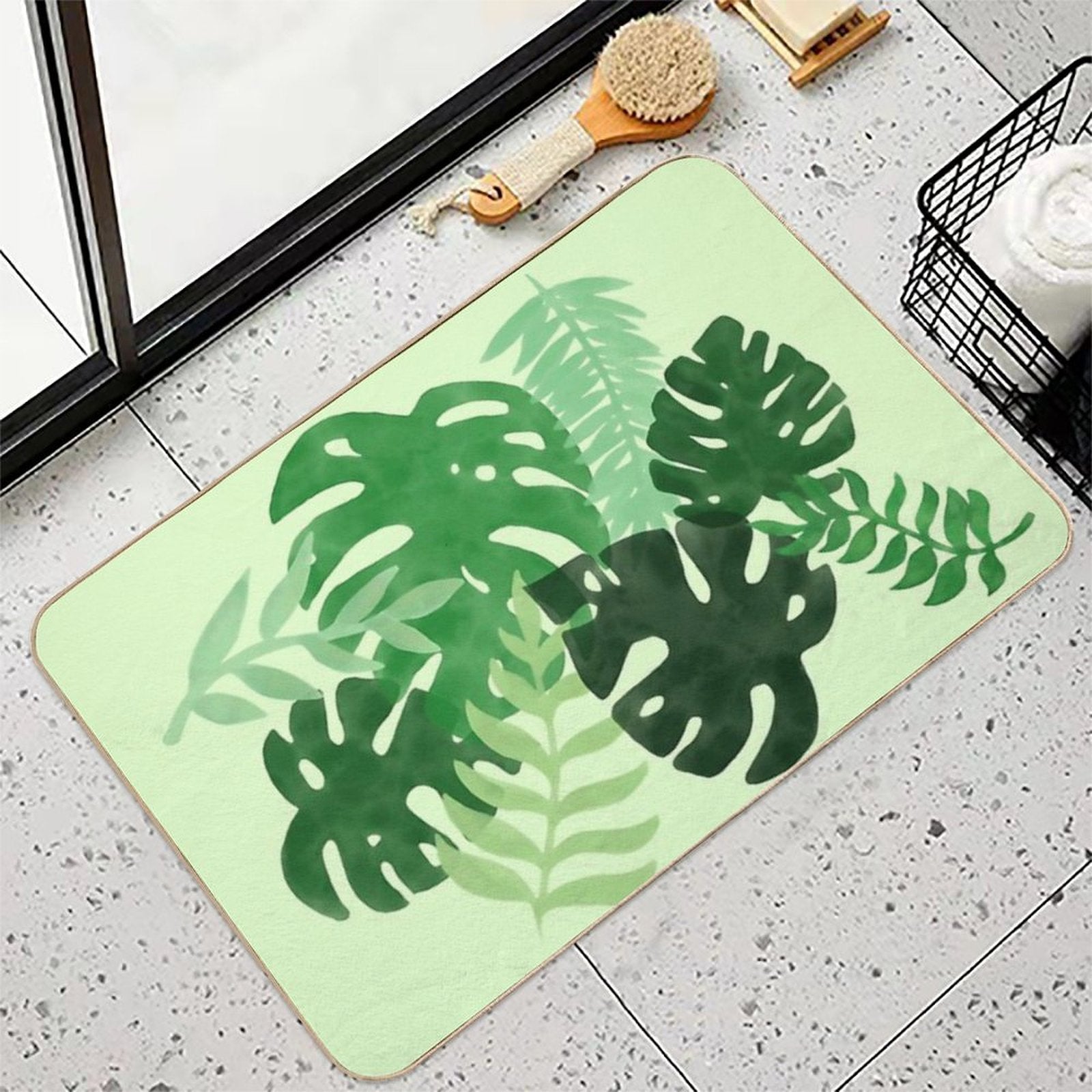 Watercolor Tropical Leaves - Green Background  High-Traffic Bath Mat