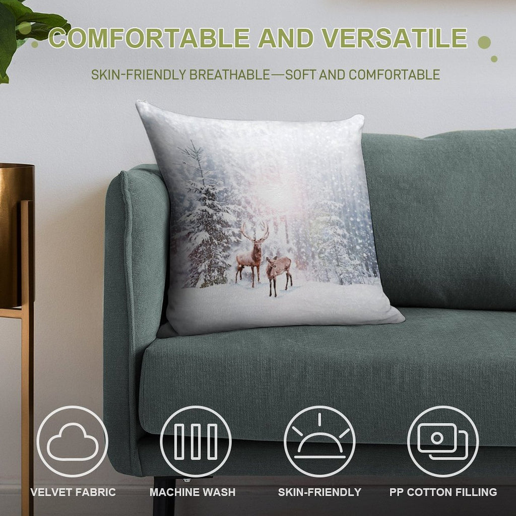 Winter Wonderland - Christmas Deer Stag Snow Trees Soft Durable Construction Throw Pillow