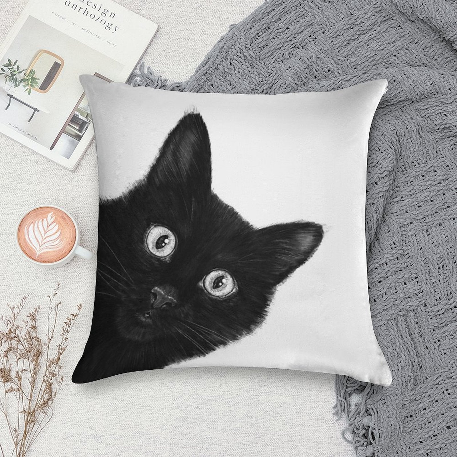 Black Cat Soft Short Plush Fabric Throw Pillow