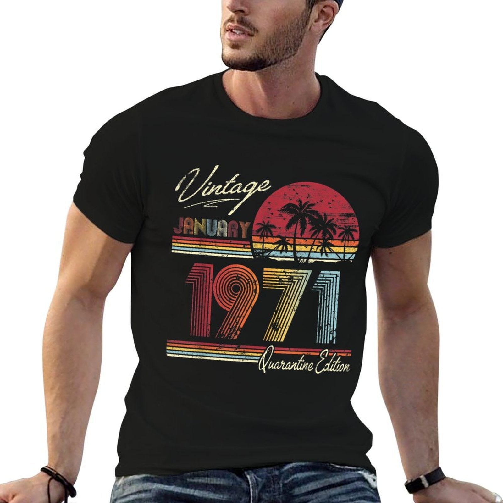 Retro 50th Birthday January 1971 50 Quarantine Birthday  Ribbed Collar T-Shirt