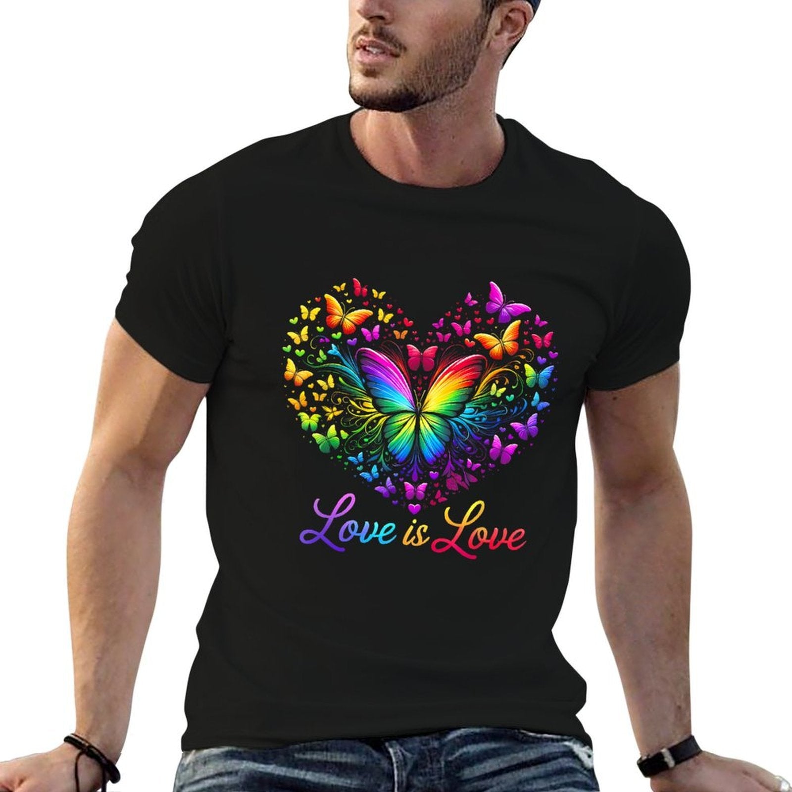 Butterfly Heart Rainbow Love Is Love LGBT Gay Lesbian Pride  Rolled Sleeves T-Shirt