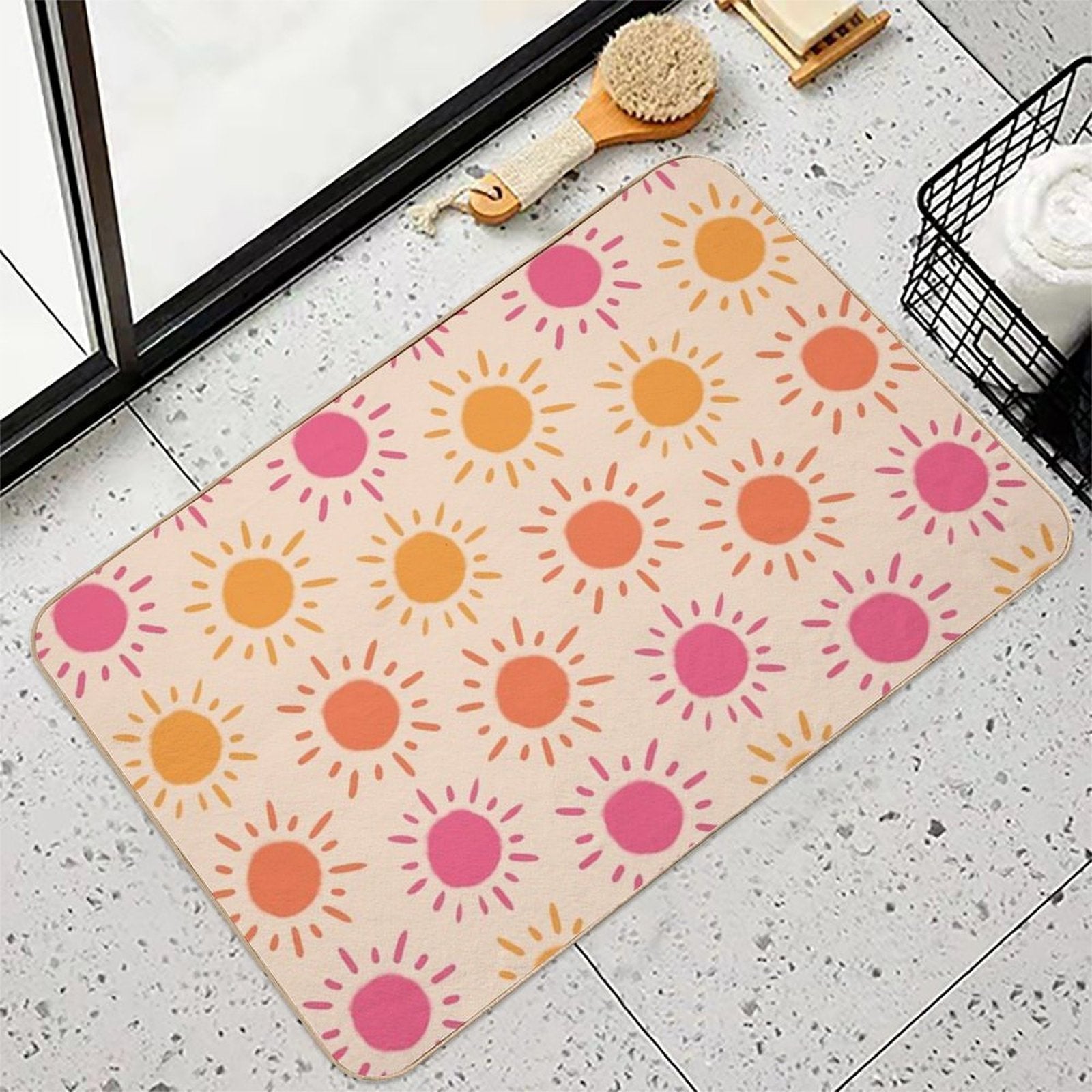 Groovy Retro Sun Pattern - Tan Orange Pink Palette  Easy Maintenance Bath Mat