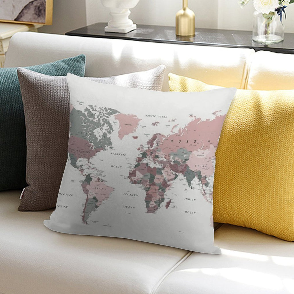 Map of The World in Pink And Green Soft Decorative Cover Throw Pillow
