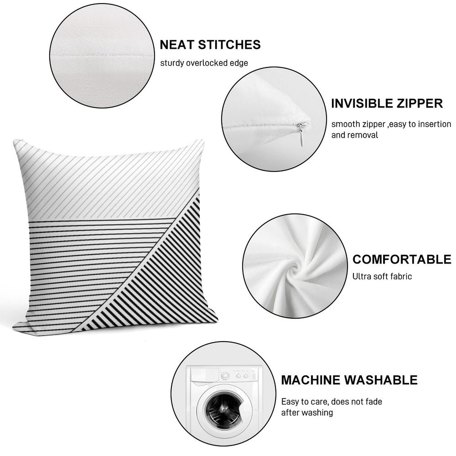 Black And White Geometric Lines Soft Hidden Zipper Throw Pillow