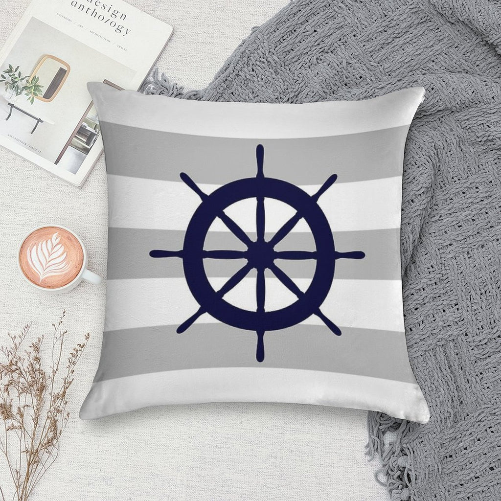 Nautical Navy Blue Ship's Steering Wheel On Silver Gray Stripes Soft Short Plush Fabric Throw Pillow