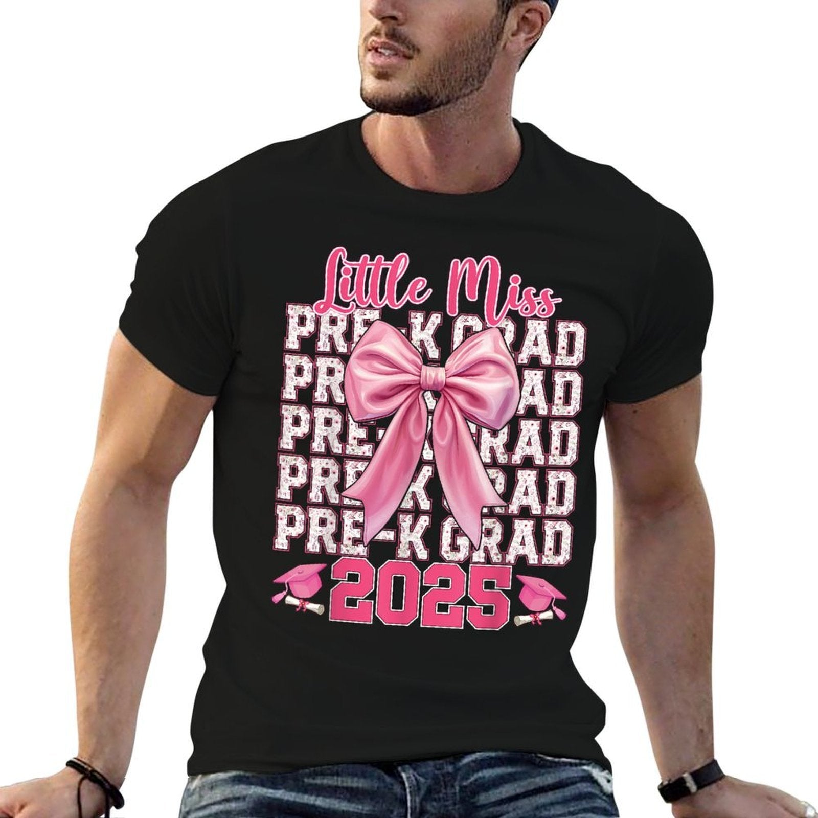 Little Miss Pre-K Grad 2025 Graduation Girls Coquette Bow  Polyester Blend T-Shirt