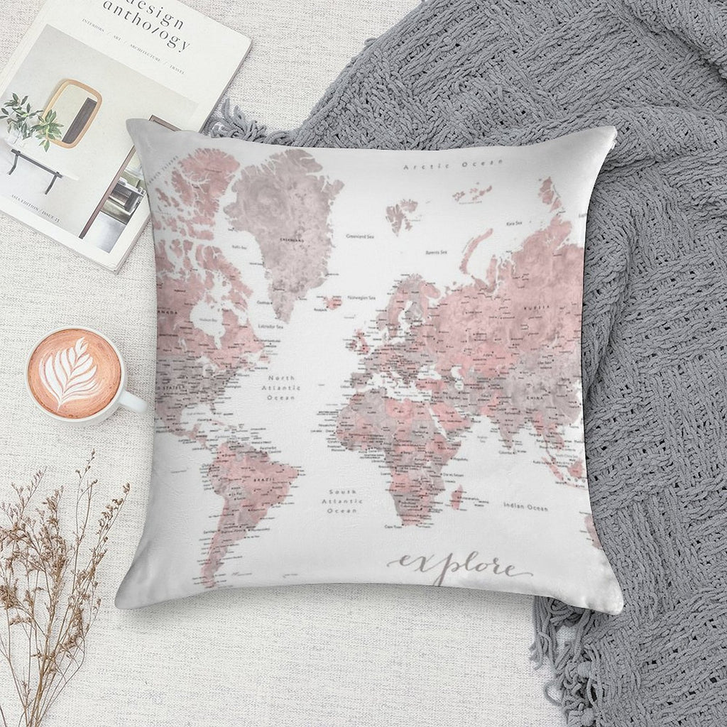 Explore - Dusty Pink And Grey Watercolor World Map, Detailed Soft Fade-Resistant Throw Pillow