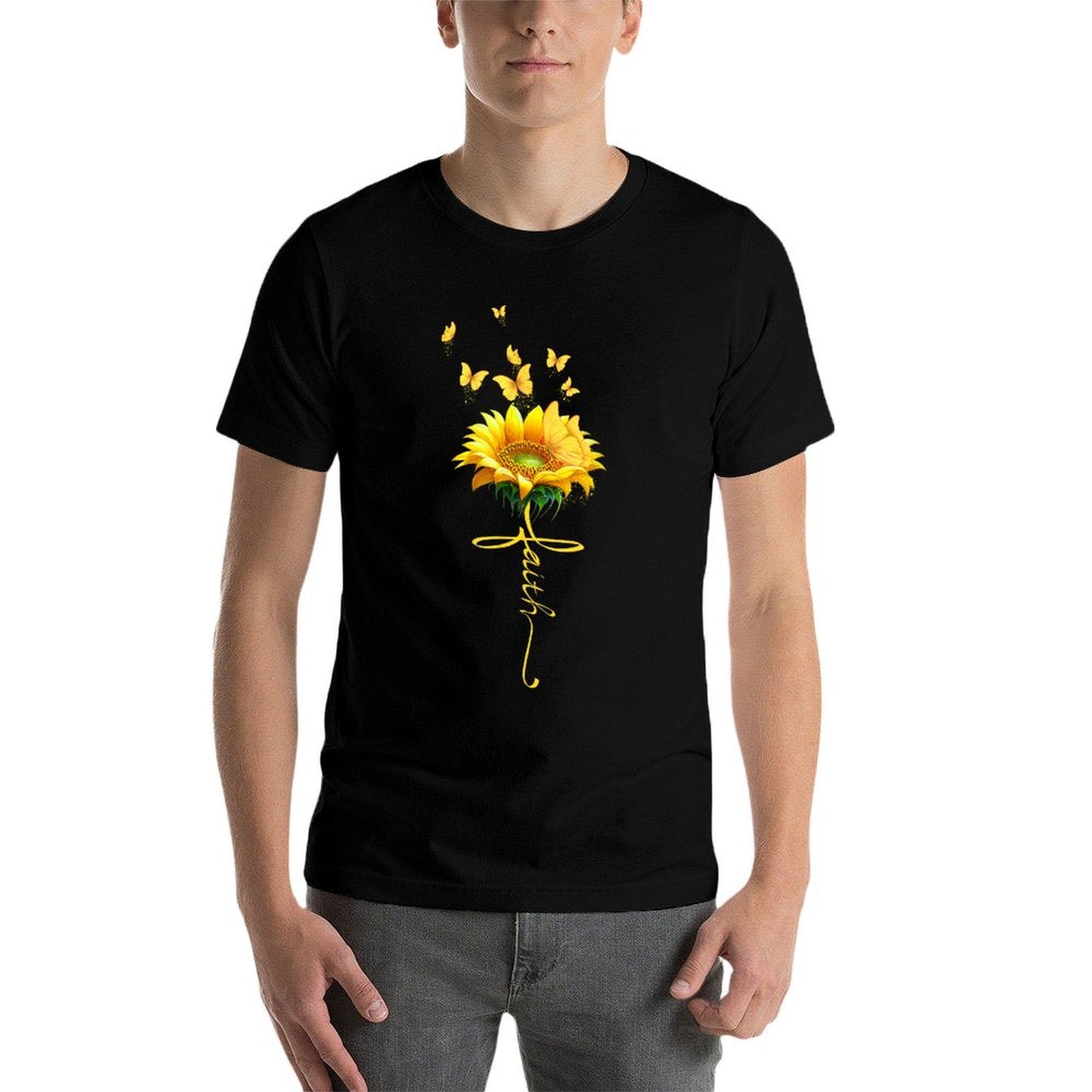 Faith Cross Sunflower Butterflies Flowers Christians  Easy-care T-Shirt