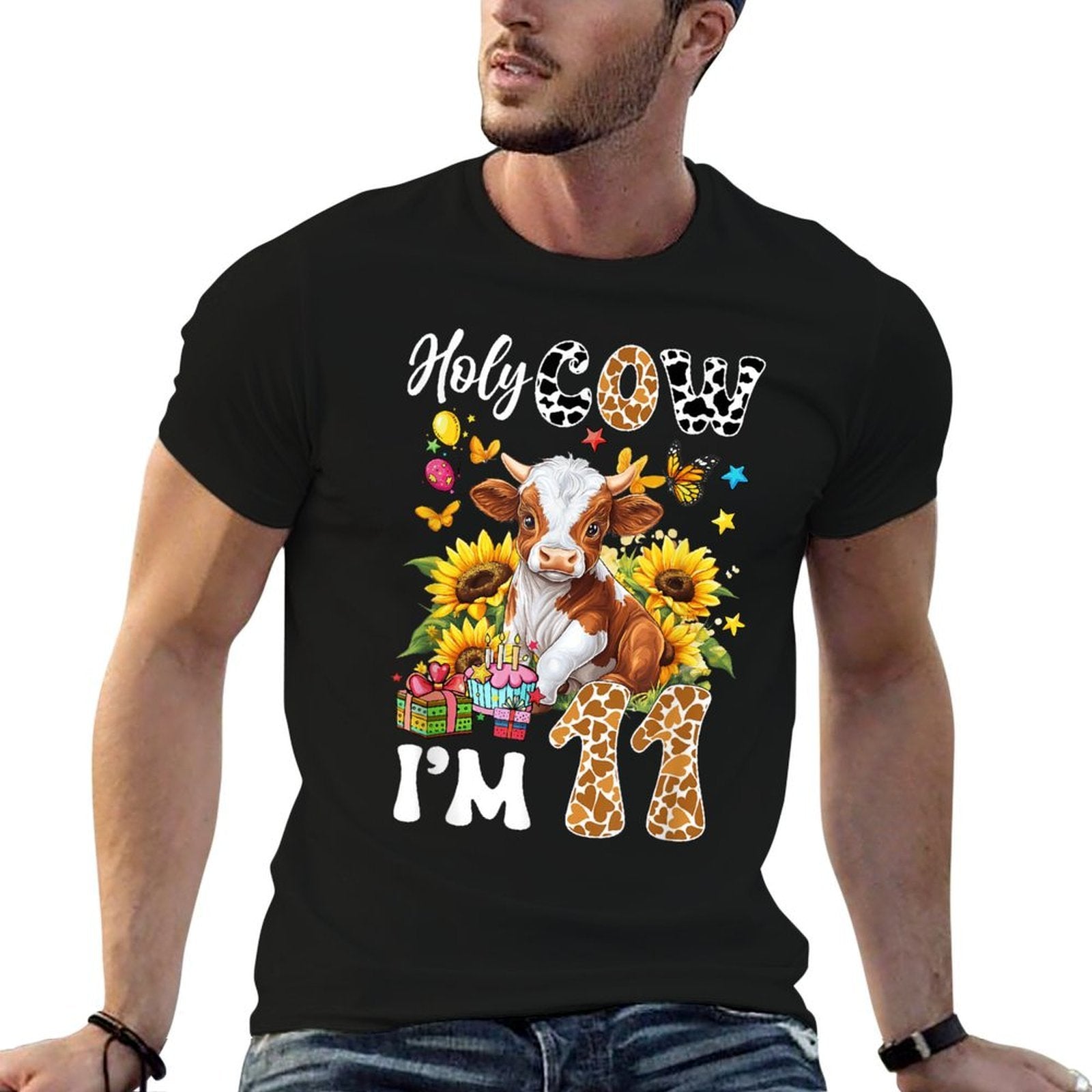 Holy Cow I'm 11 Years Old Farm Cow Sunflowers 11Th Birthday  High-quality Stitching T-Shirt