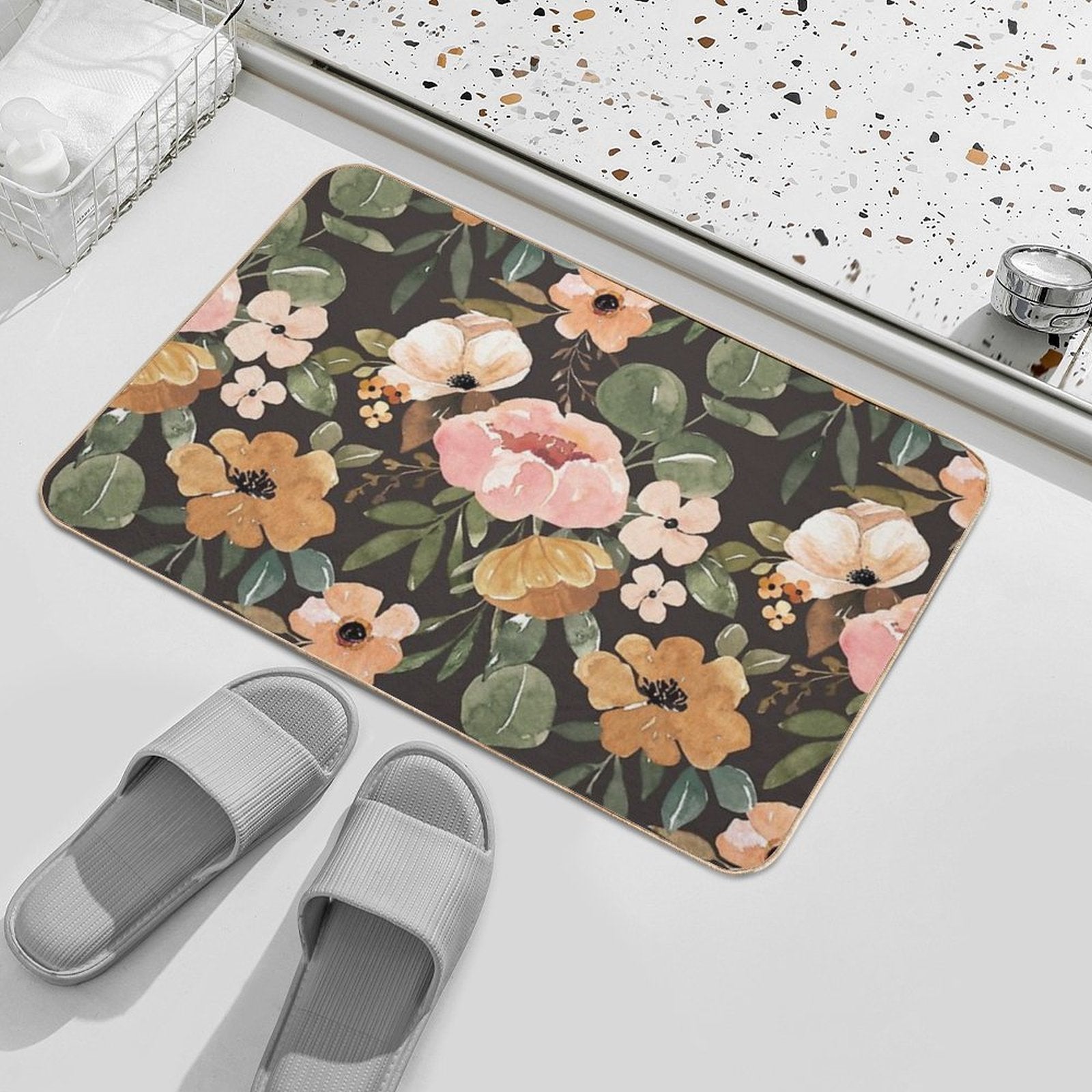 Boho Floral, Moody Floral, Blush Pink Watercolor Flowers, Vintage Floral Decor  Pet-Safe Bath Mat