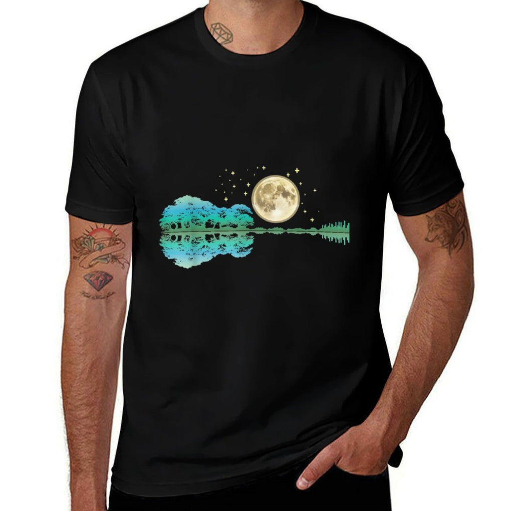 Acoustic Guitar Tree And Moon By The Lake Guitarist  Wrinkle-resistant T-Shirt