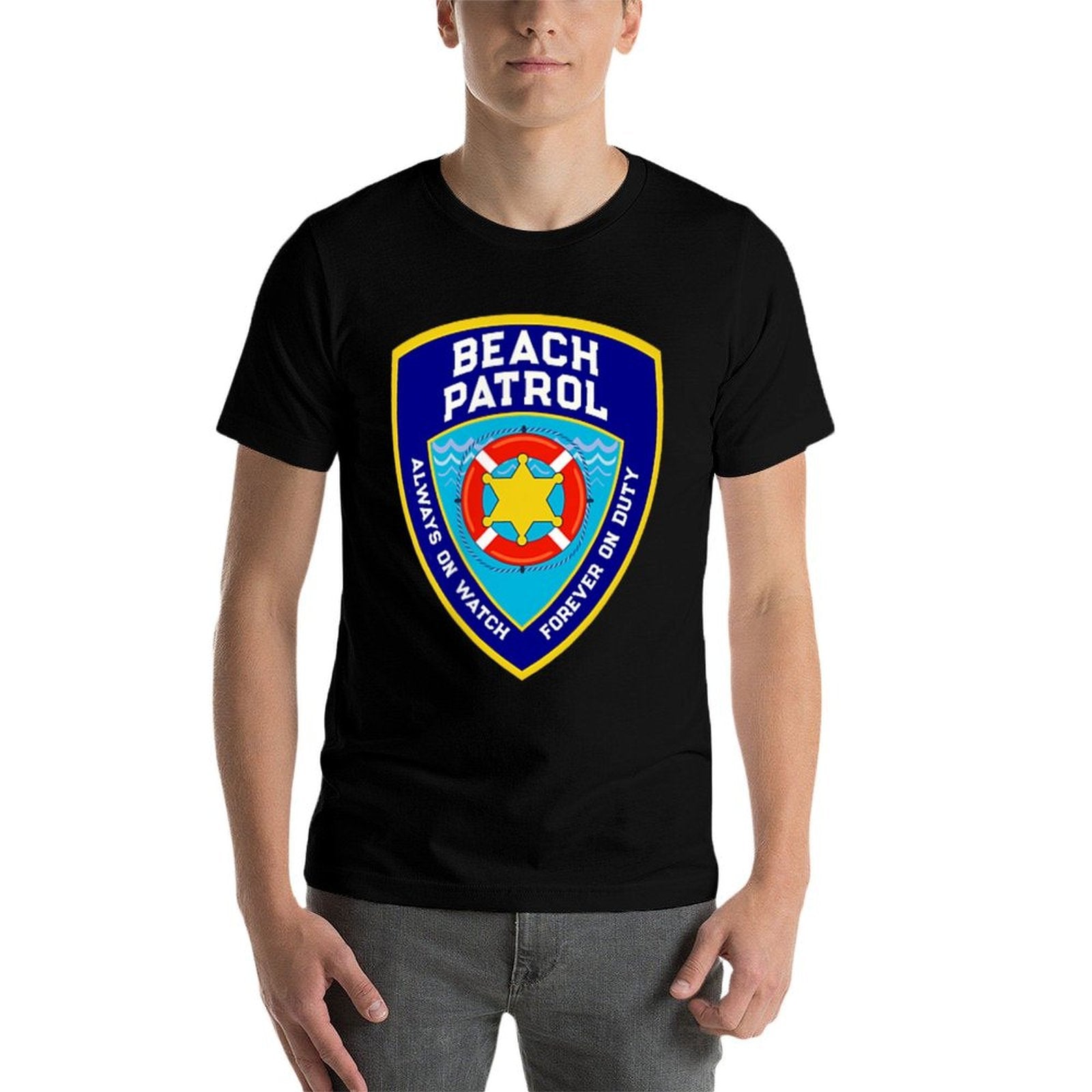 Funny BEACH PATROL On Duty Pool Police Vacation Family Trip  Ribbed Collar T-Shirt