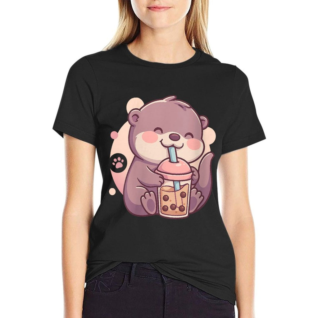 Womens Otter Drinking Bubble Tea Boba Japanese Anime Culture Manga  Graphic-printed T-Shirt