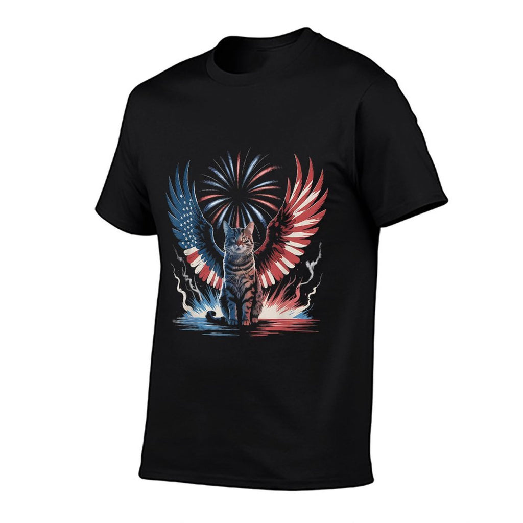 Patriotic Cat with Wings 4th of July Fireworks Design  Summer-ready Fabric T-Shirt