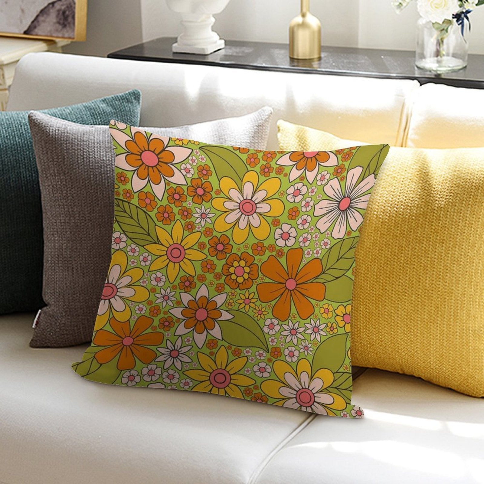 1960s, 1970s Retro Floral in Green, Pink & Orange - Flower Power Soft High-Density Material Throw Pillow