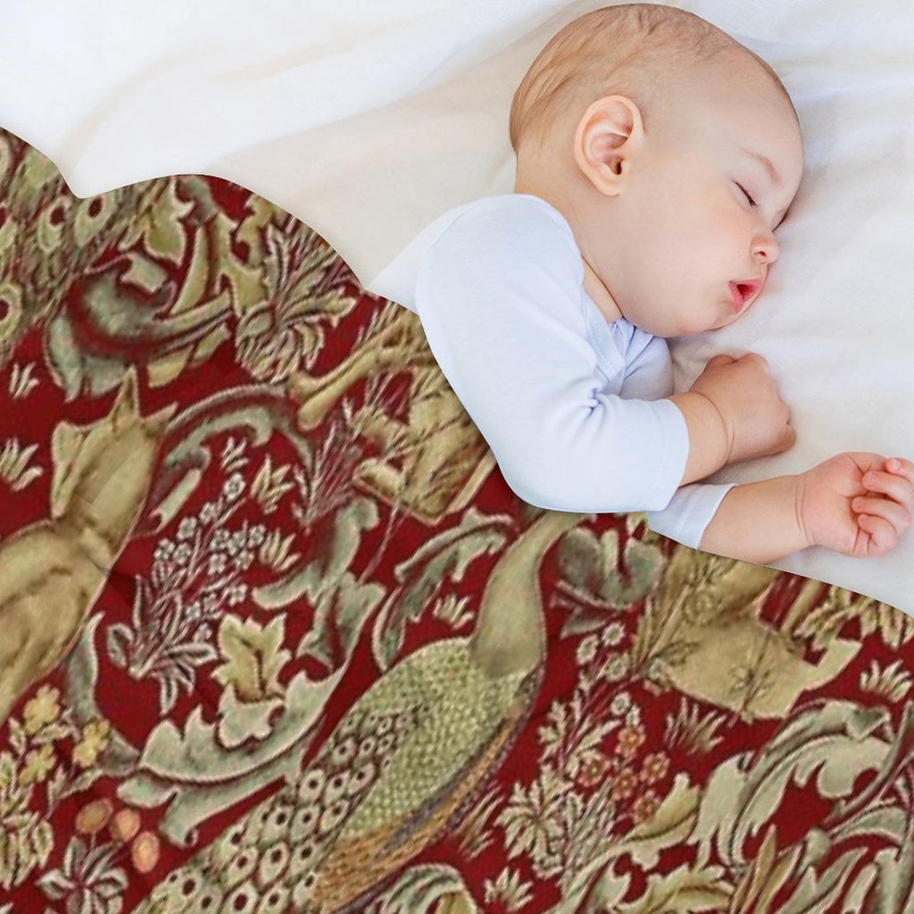 FOREST ANIMALS,PEACOCKS,FOX AND HARE IN RED LEAVES FLORAL PATTERN Machine-washable Throw Blanket