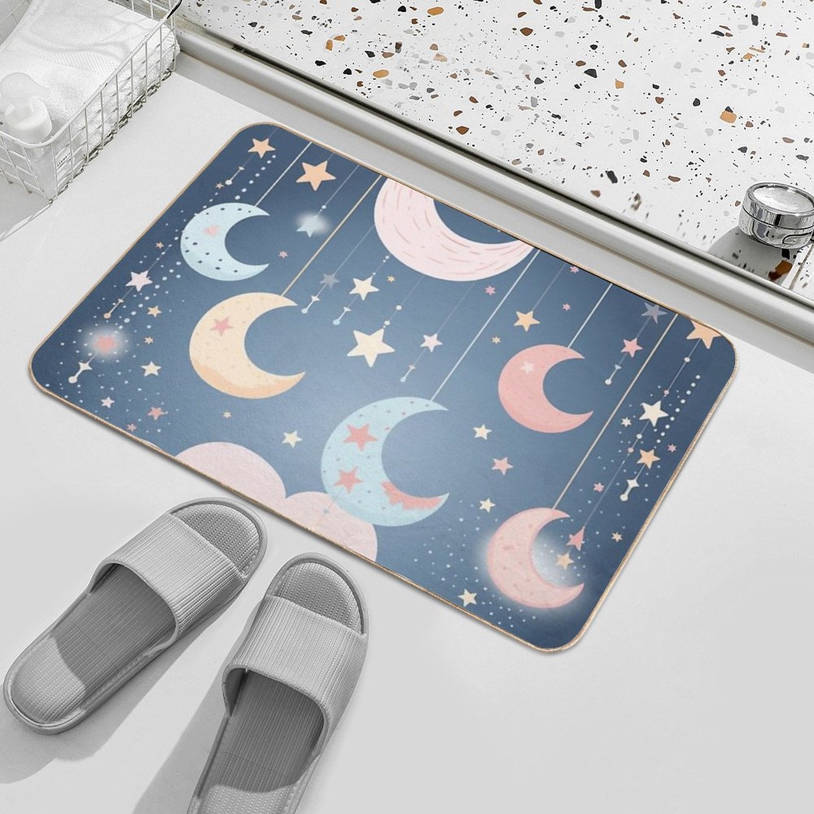 Whimsical Stars And Moon Pattern in Soft Pastel Colors  Anti-Trip Bath Mat