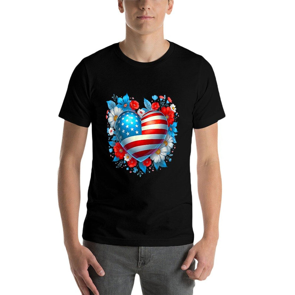 4th of July American for Girls Floral Print Heart  High-quality Stitching T-Shirt