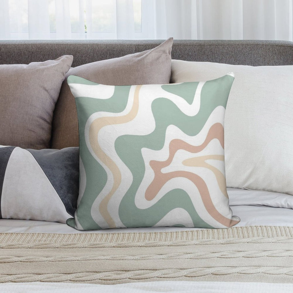 Liquid Swirl Retro Abstract in Light Sage Celadon Green, Light Blush, Cream, And White Soft Shrink-Resistant Throw Pillow