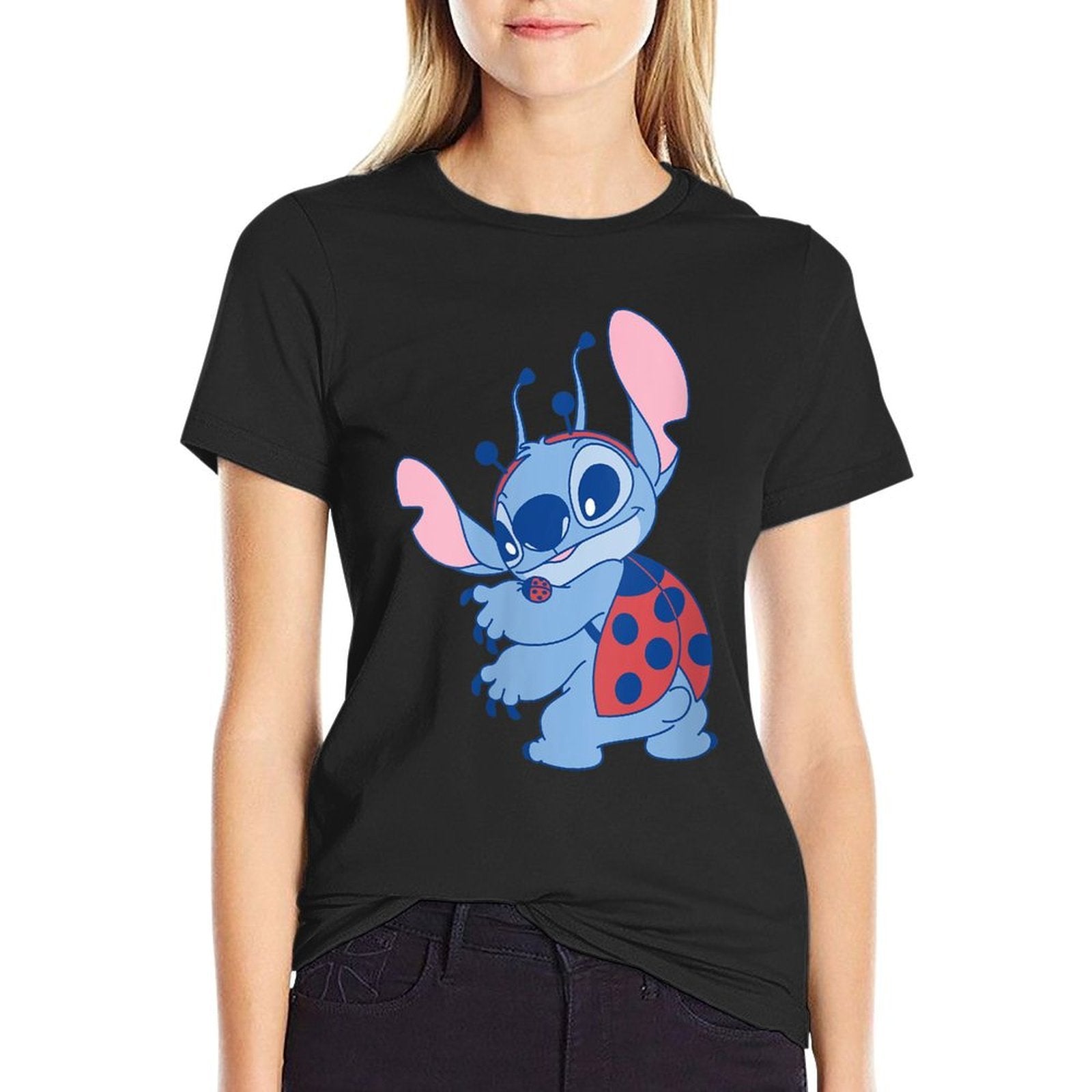 Womens Disney Lilo  Stitch Cute Pastel Spring Ladybug Stitch  Polyester Blend T-Shirt