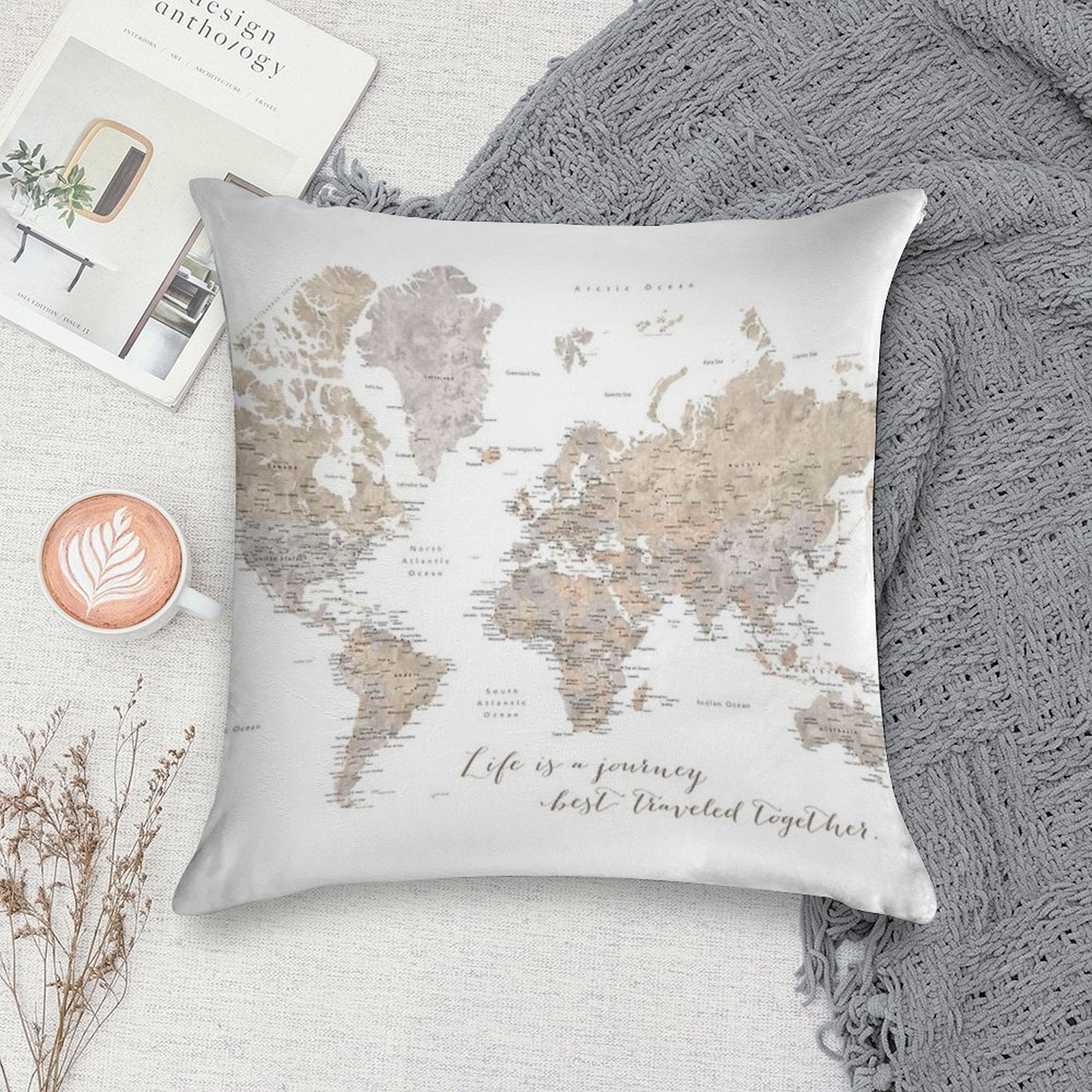 Life Is A Jouney Best Travelled Together, World Map, Abey Soft Easy Maintenance Throw Pillow