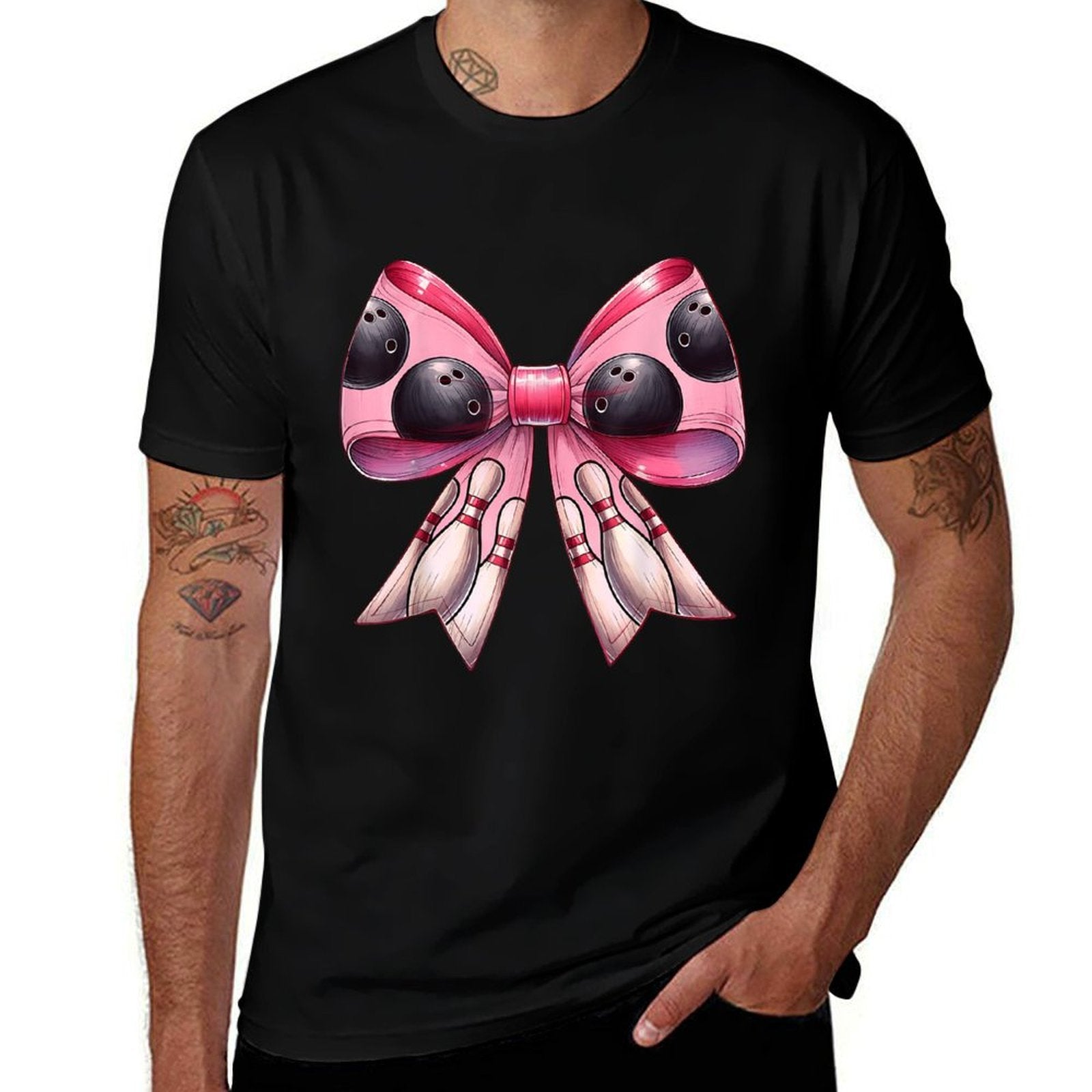 Coquette Bow Bowling Ball Pins Pattern Bowler Pink Mom Girl  Rolled Sleeves T-Shirt