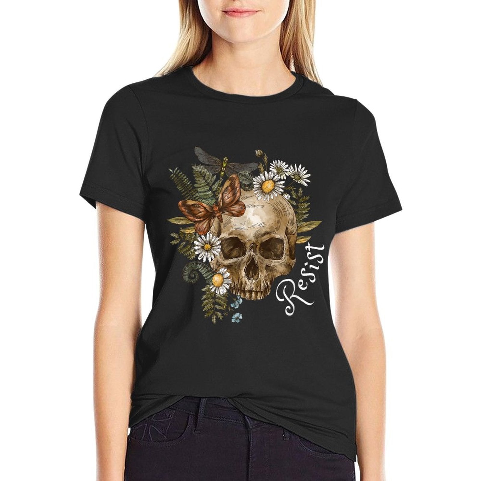 Resist Subtle Anti Trump Skull Floral Botanical Protest Comfortable T-Shirt