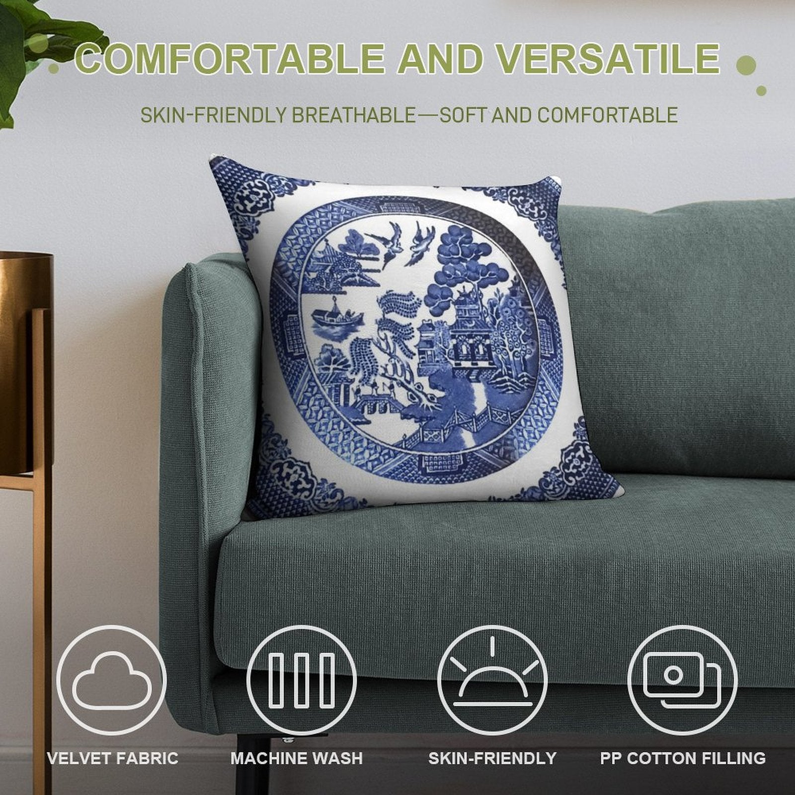 Blue Willow China Soft Easy Maintenance Throw Pillow