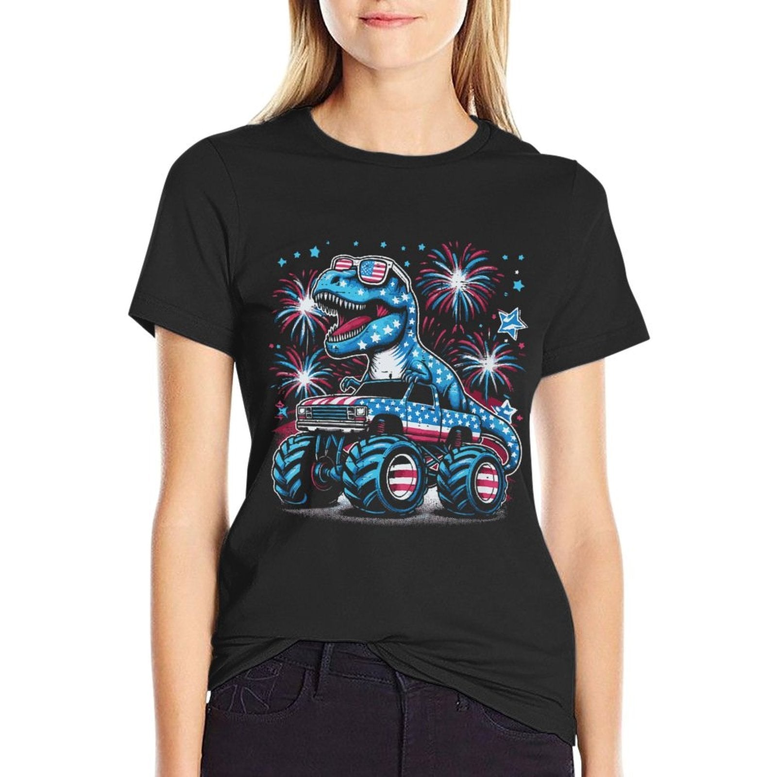 Kids 4th Of July Dino Monster Truck Trex Boys Kids Toddler  Durable T-Shirt