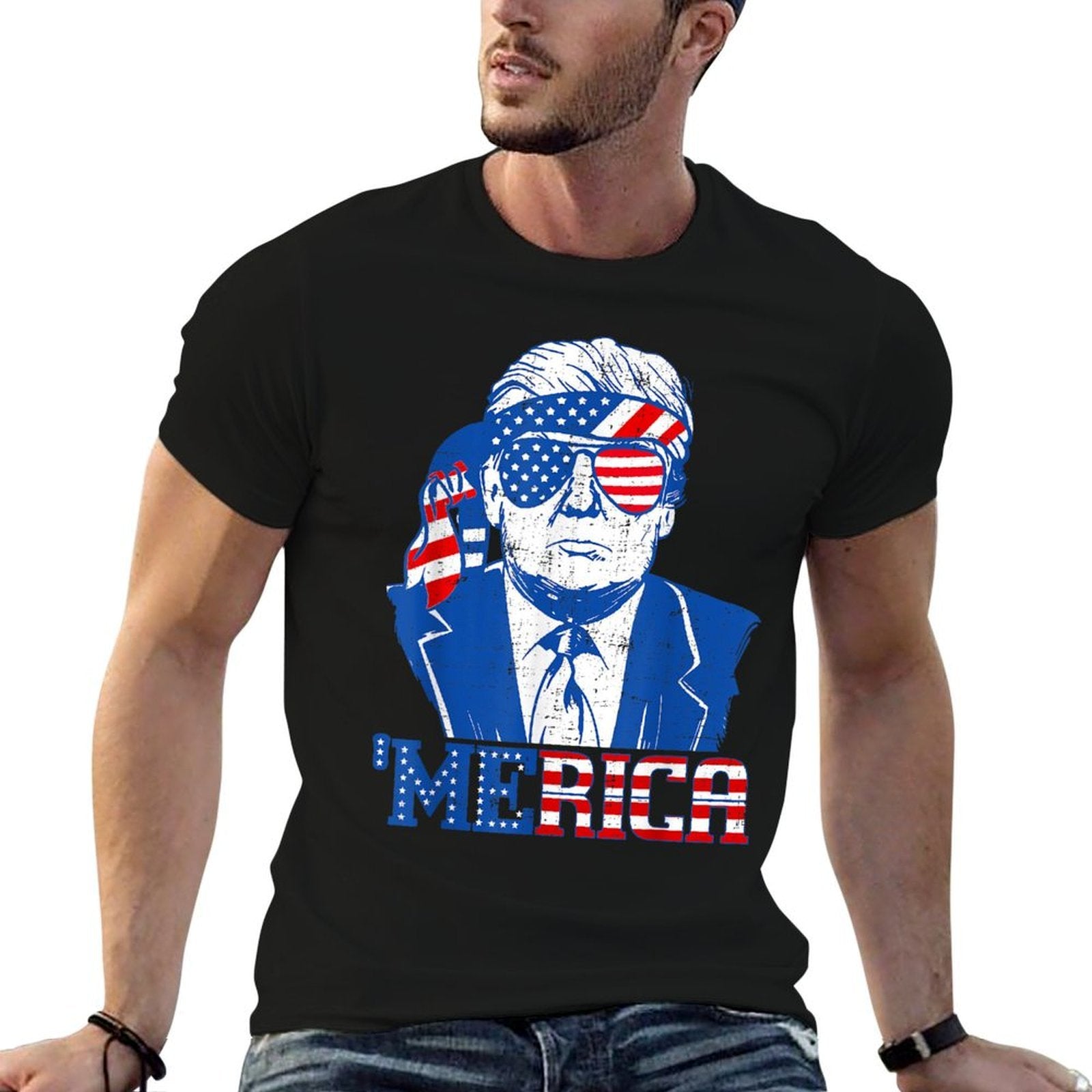 'Merica Donald Trump - Funny Trump 4th Of July American Flag  Cotton T-Shirt