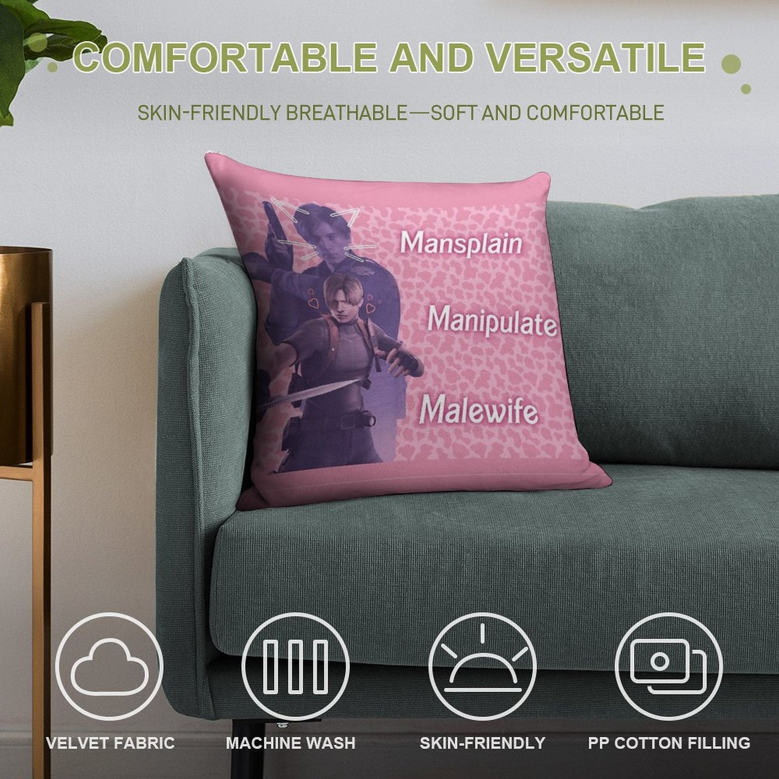 Mansplain, Manipulate, Malewife Leon (Cow) PINK VERSION Soft Style Accent Throw Pillow