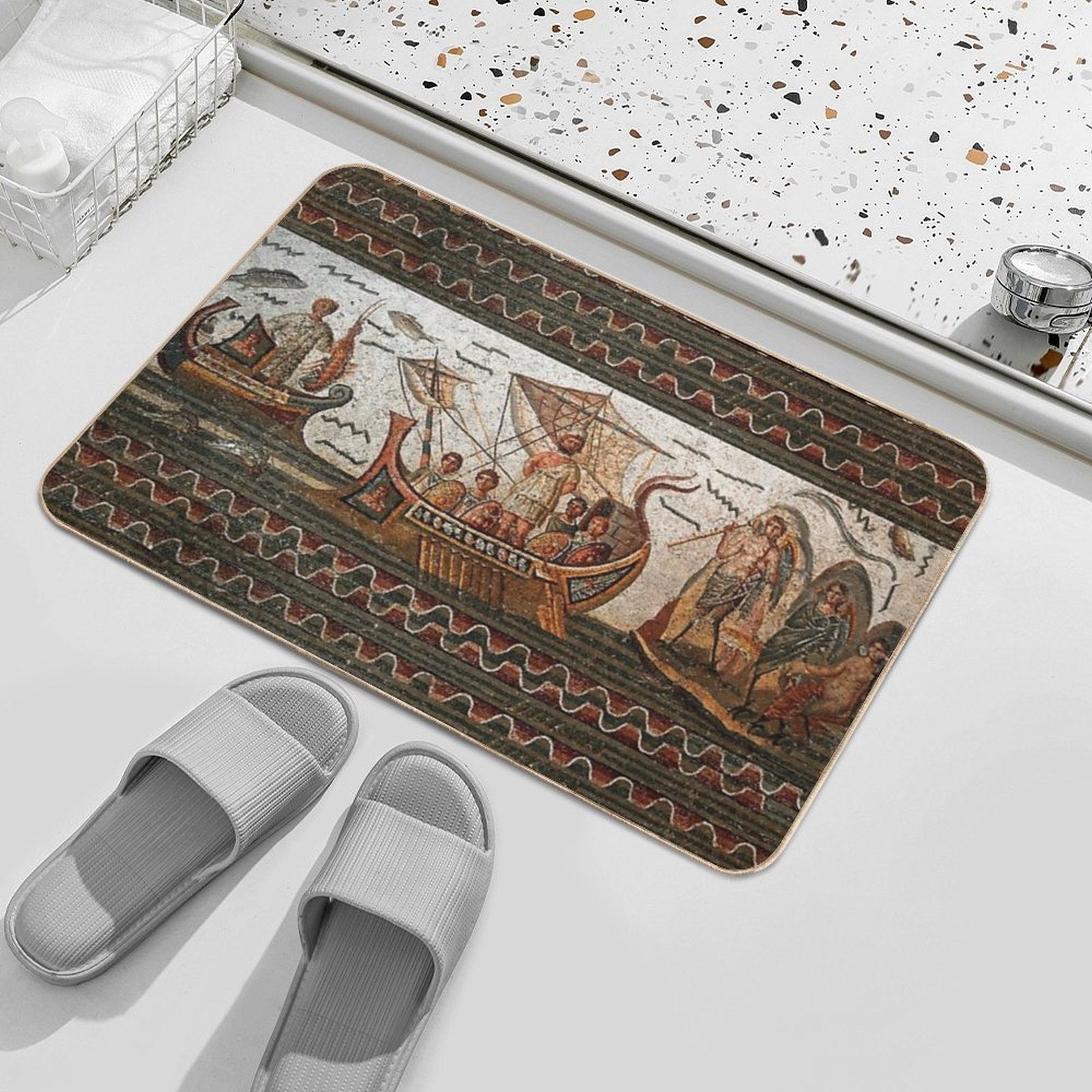 ANTIQUE ROMAN MOSAICS  Odyssey ,Ulysses Sailing with Vessel, Resistant to Sirens.,  Dirt-Trapping Bath Mat