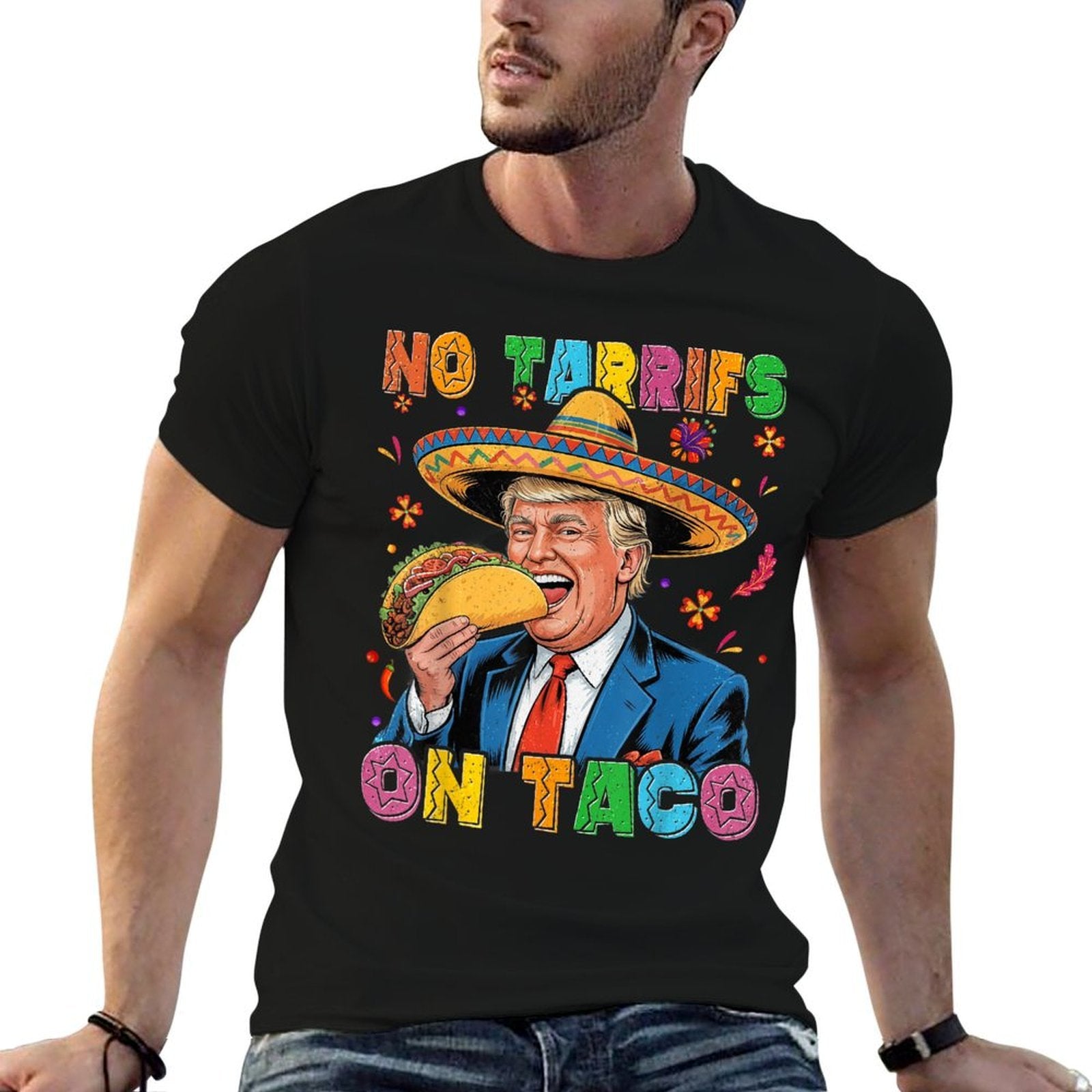 Funny Mexican Cinco De Mayo Trump No Tarrifs On Taco  Ribbed Collar T-Shirt