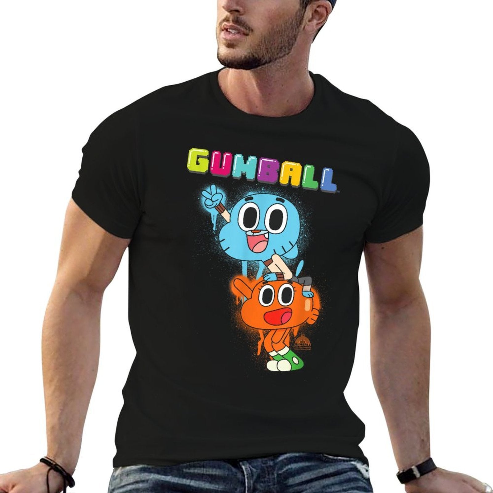 Cartoon Network The Amazing World of Gumball Gumball Spray Unisex-Adults Cat Modern Black Small  Relaxed-fit T-Shirt